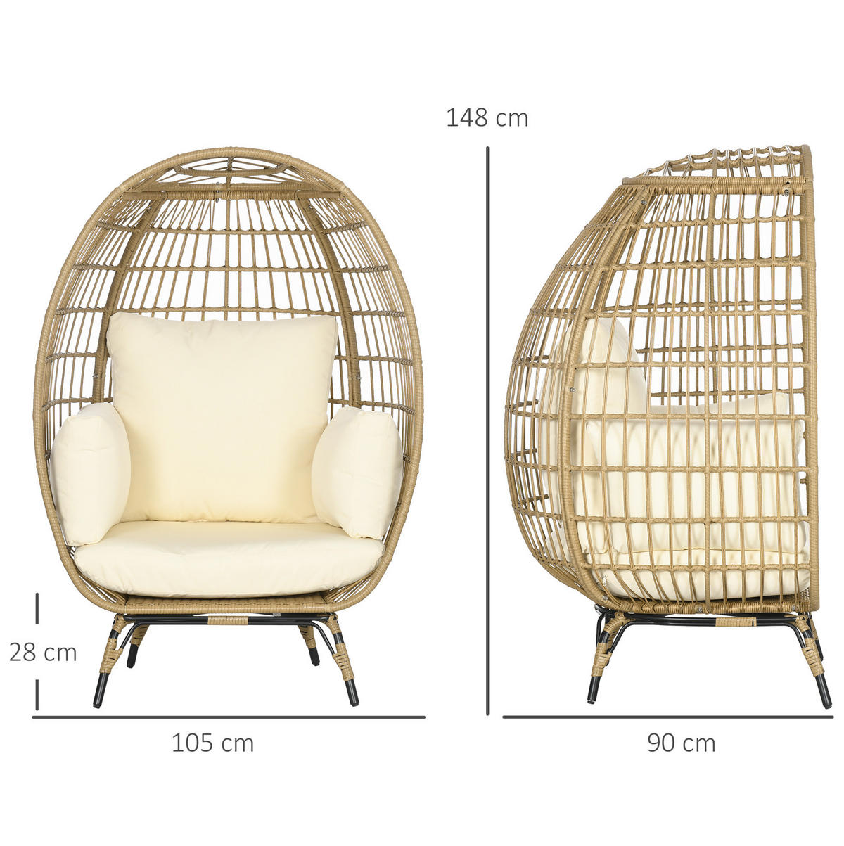 GARTENSESSEL 105/90/148 cm mit Sitz- und Rückenkissen, verstellbaren Füßen und Stahlgestell in Rattanoptik, Khaki - Beige, Metall (105/148/90cm) - Redom