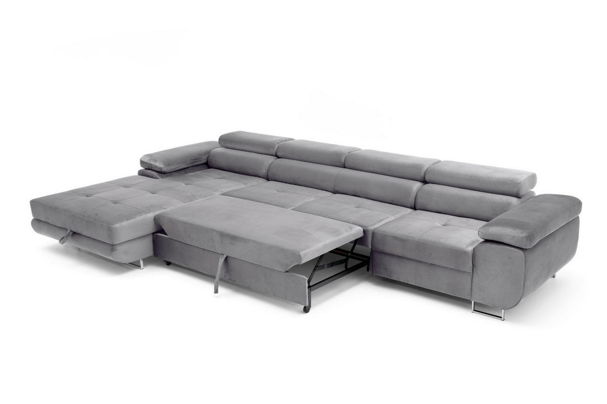 ECKSOFA ALONZO MAXI Links mit Schlaffunktion 125x195 Velours Grau - Silberfarben/Grau, Holz/Textil (350/203cm) - Muffo
