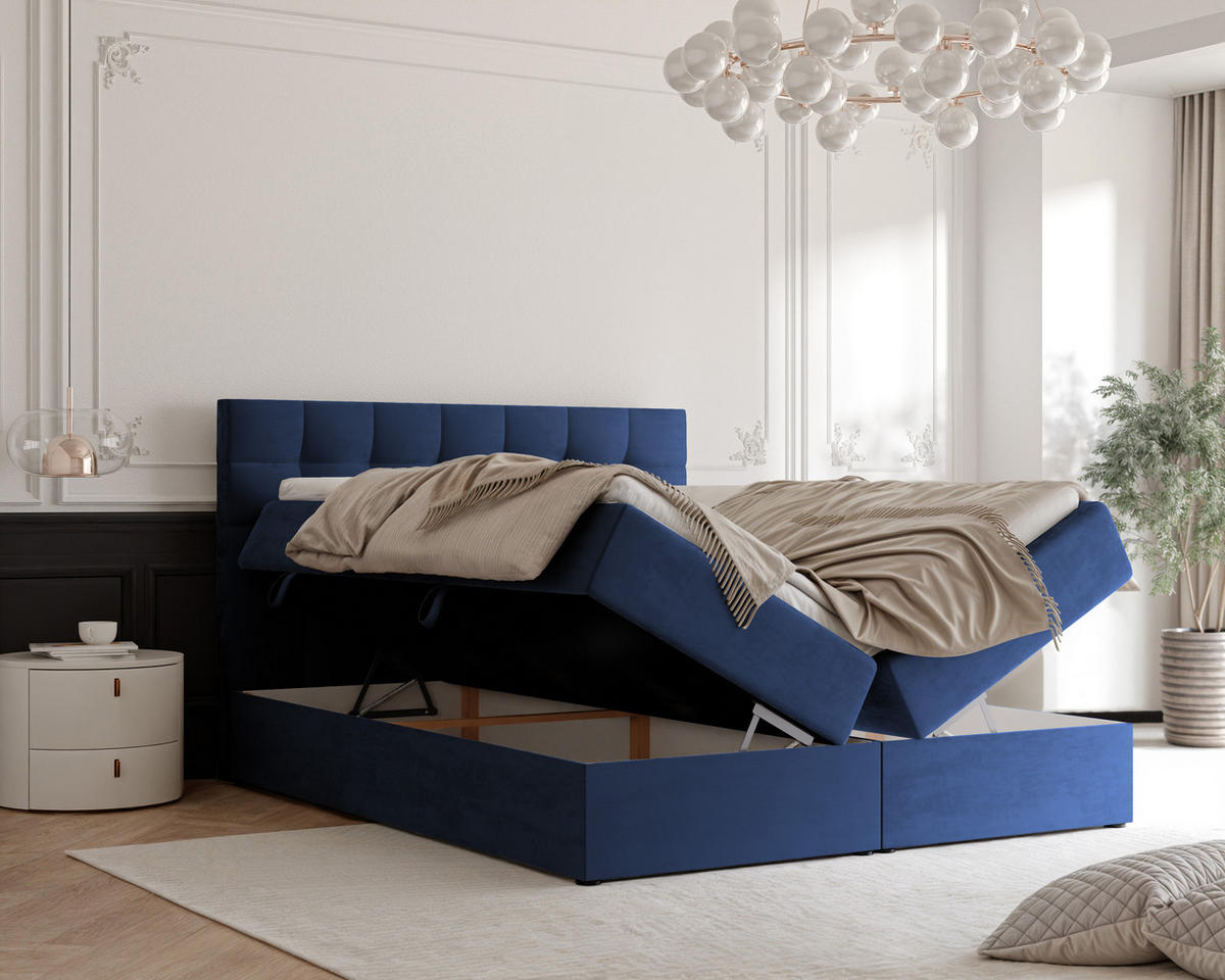 BOXBETT GRAND 180/200 cm, in Marineblau, mit Matratze und Topper - Dunkelblau, Holzwerkstoff/Textil (180/200cm) - Idohome