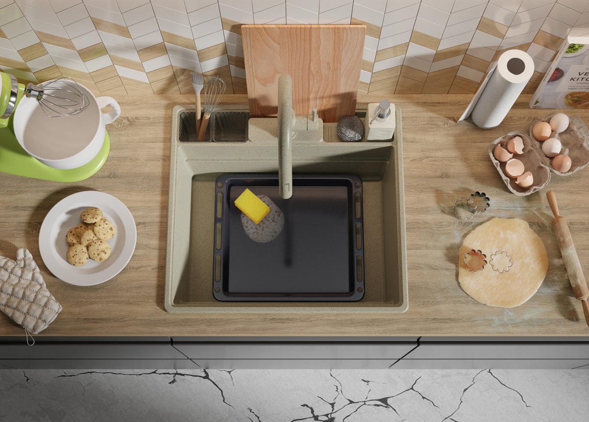 SPÜLBECKEN New York, 2-er set Beige 58/53 cm 1 Becken + Ablauf-Set + Küchenzubehörset ab 60er Unterschrank - Chromfarben/Beige, Kunststoff (58/20/53cm) - Primagran