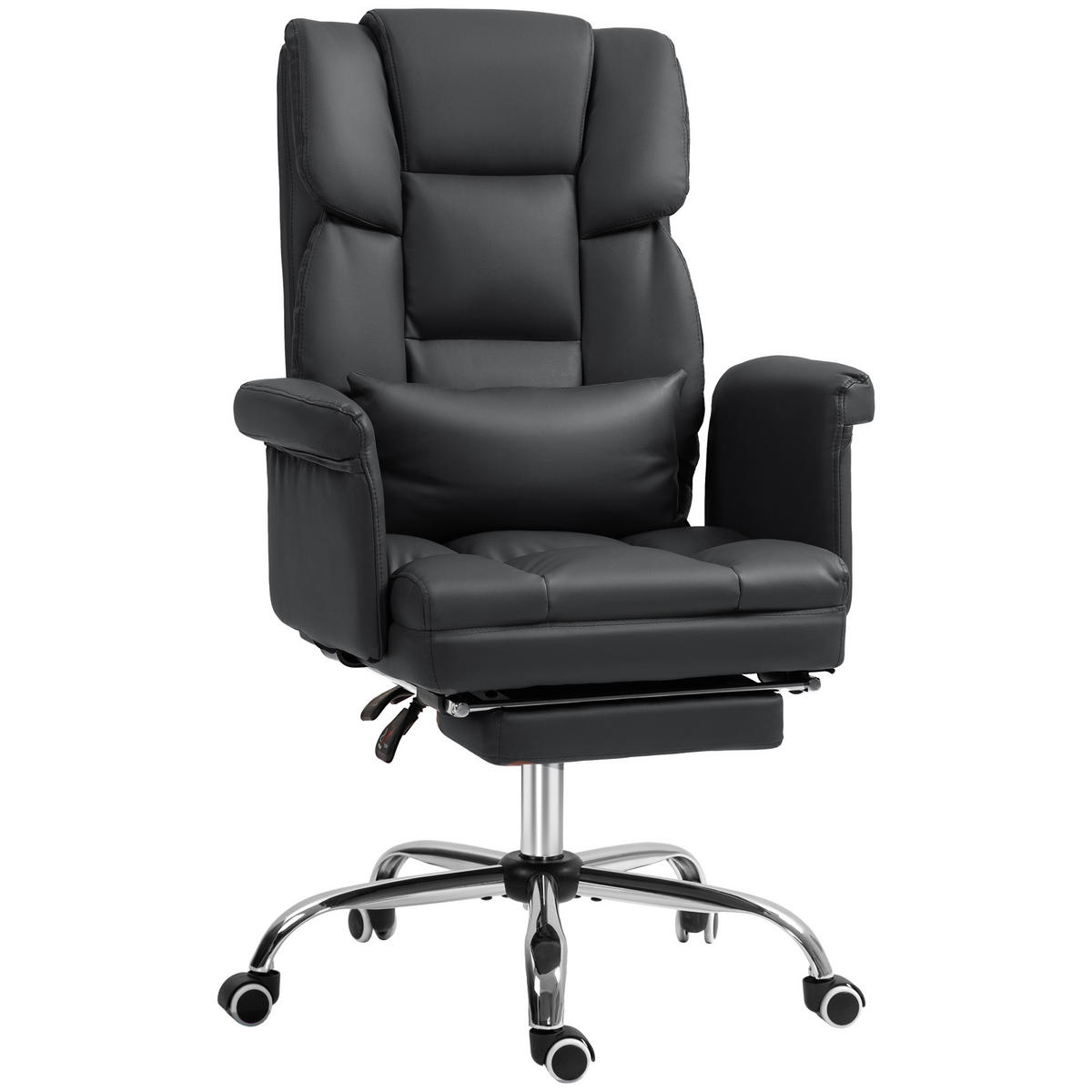 BÜROSTUHL, Ergonomisch Schreibtischstuhl mit Liegefunktion, Lendenkissen Schwarz - Chromfarben/Schwarz, Kunststoff/Metall (65/115/69cm) - HOMCOM
