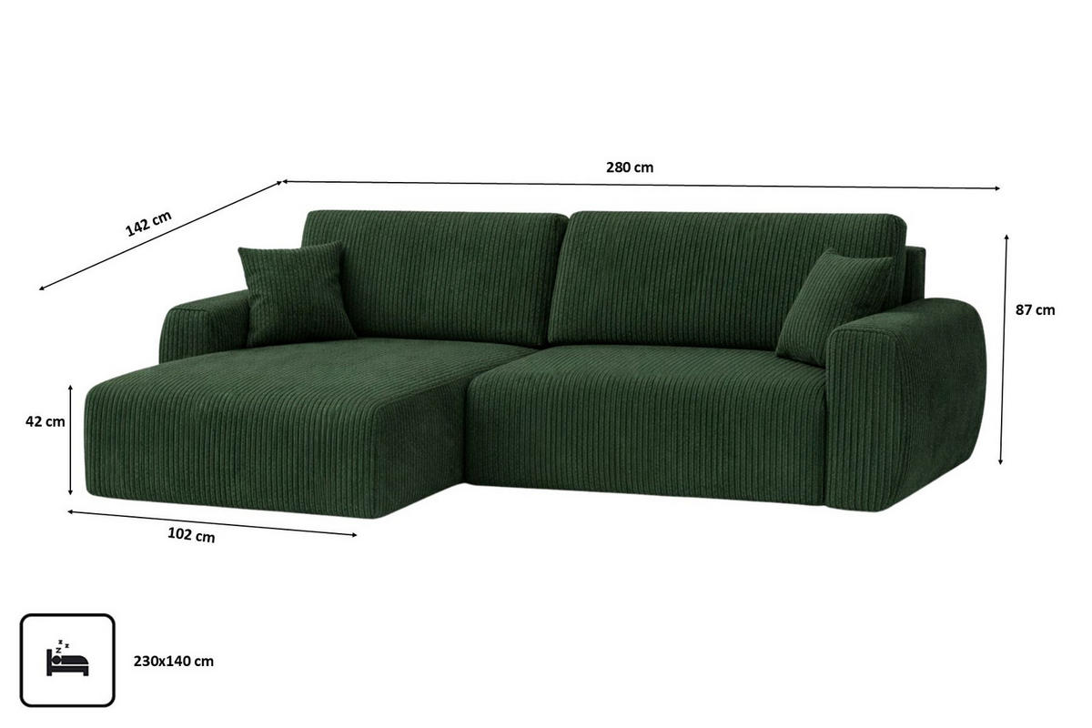 ECKSOFA Mit Schlaffunktion, Ariel XL, Cordstoff, Stoff Poso, Grün, Links - Grün, Holz (280/142cm) - Kaiser Möbel