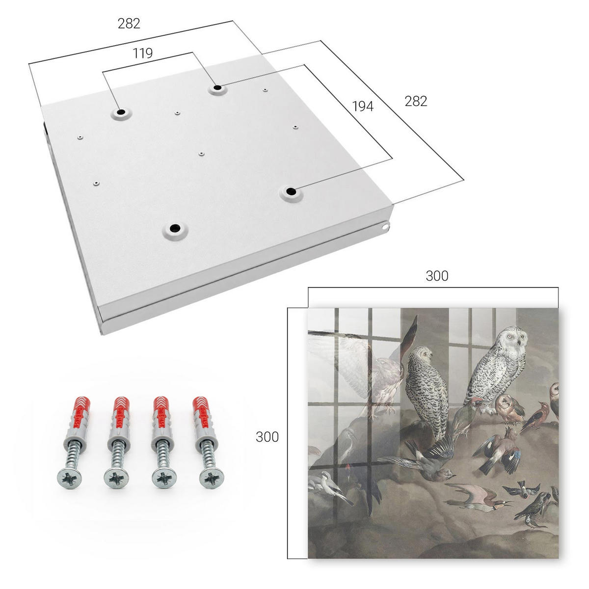 SCHLÜSSELBOX Weiß 30x30 cm – Türöffnung nach rechts - Vögel auf einem Felsen - Grau, Metall (30/30/5cm) - TULUP