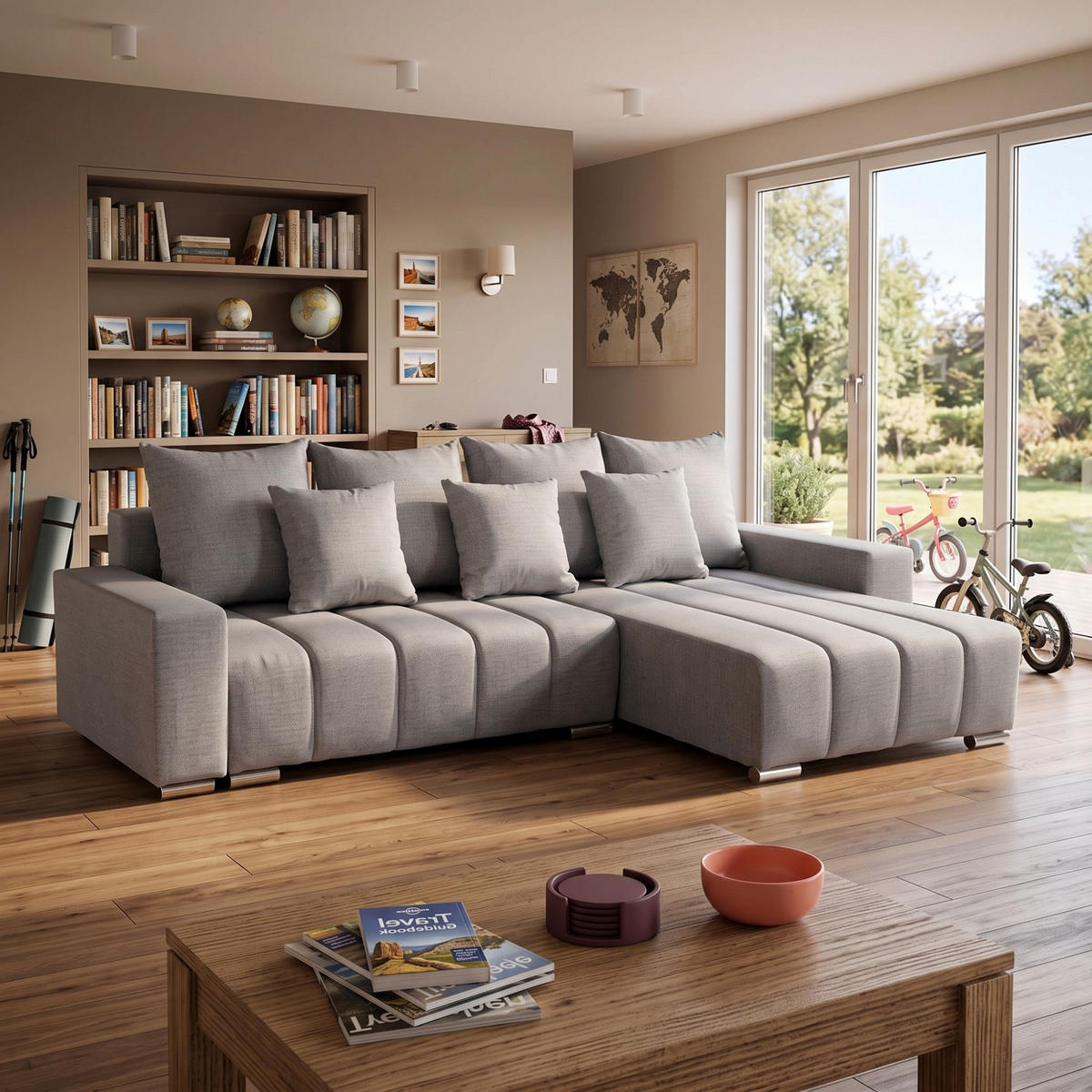ECKSOFA Piano L Rechts mit Schlaffunktion 137x234 Velours Taupe - Taupe/Silberfarben, Holz/Textil (178/278cm) - NACANAPA