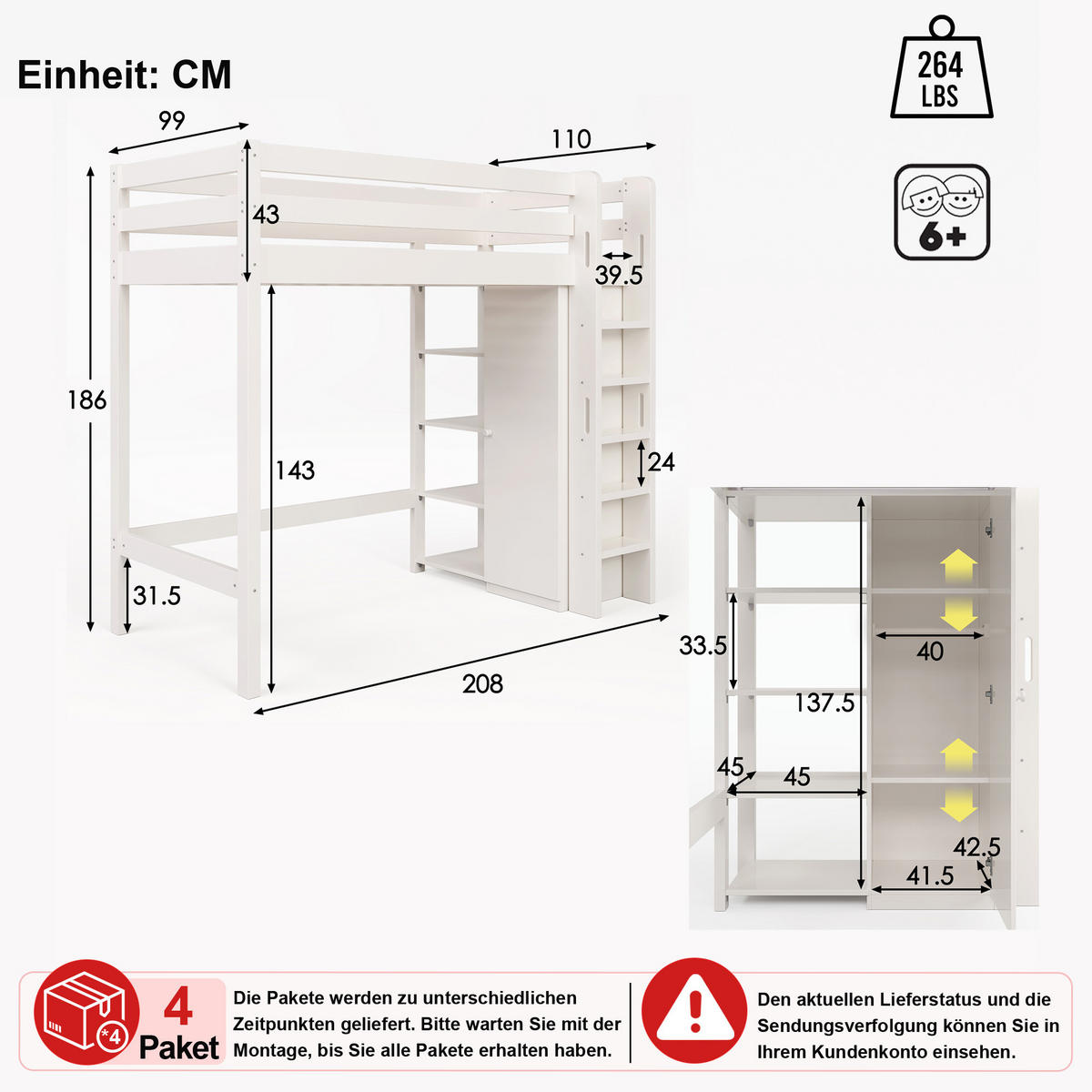 HOCHBETT 90/200 cm in Weiß mit Kleiderschrank und 6 Regalen - Weiß, Holz/Holzwerkstoff (90/200cm) - CHICFURN