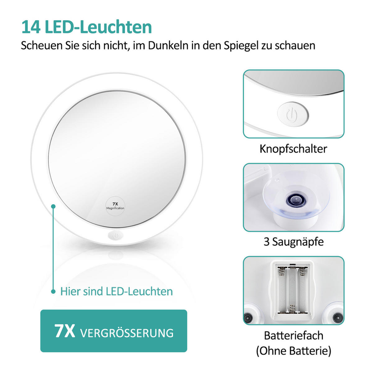 KOSMETIKSPIEGEL mit Licht mit Saugnapf, 7-fache Vergrößerung, Weiß, φ16,5 cm - Weiß, Glas (16.7/16.7/16.7cm) - EMKE