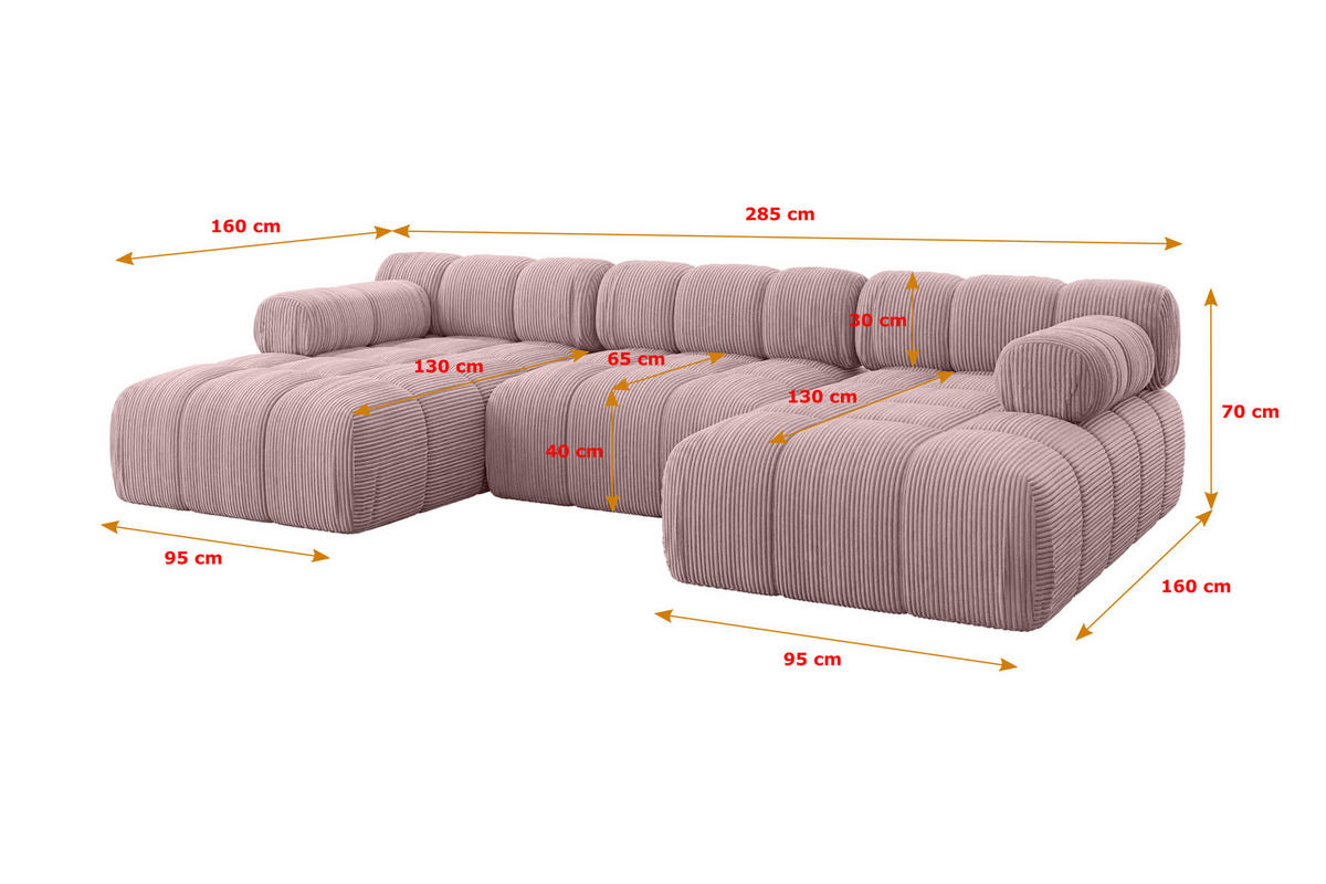 WOHNLANDSCHAFT modulares Sofa Tesso-U1 - 285x160x70 cm Rosa Cord - Rosa, Holzwerkstoff/Textil (285/70/160cm) - ALTDECOR