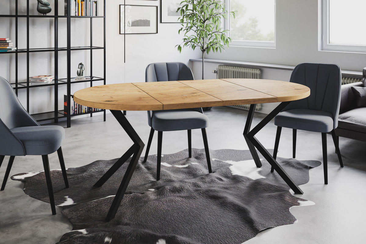 ESSZIMMERTISCH LOFT LITEN, ausziehbarer Tisch 120 cm/200 cm, Farbe: Hellbraun, mit Metallbeinen in Farbe Schwarz - Beige/Schwarz, Holzwerkstoff (120/120/76cm) - Alpi-Möbel