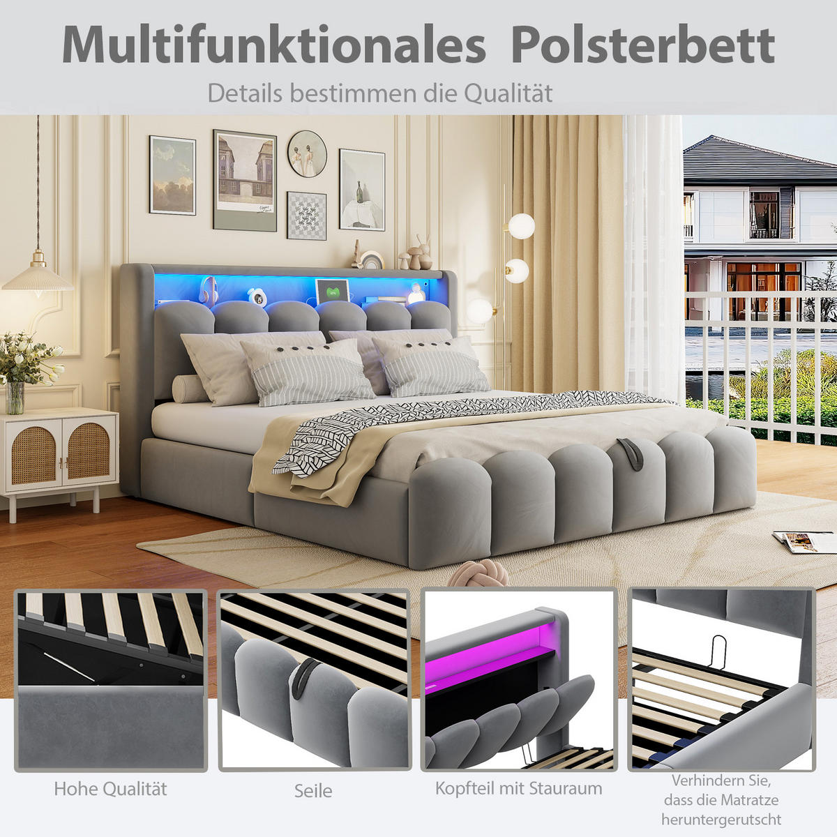 POLSTERBETT 180x200 cm LED USB Stauraum grau - Grau, Textil (180/200cm) - LEBENLANG