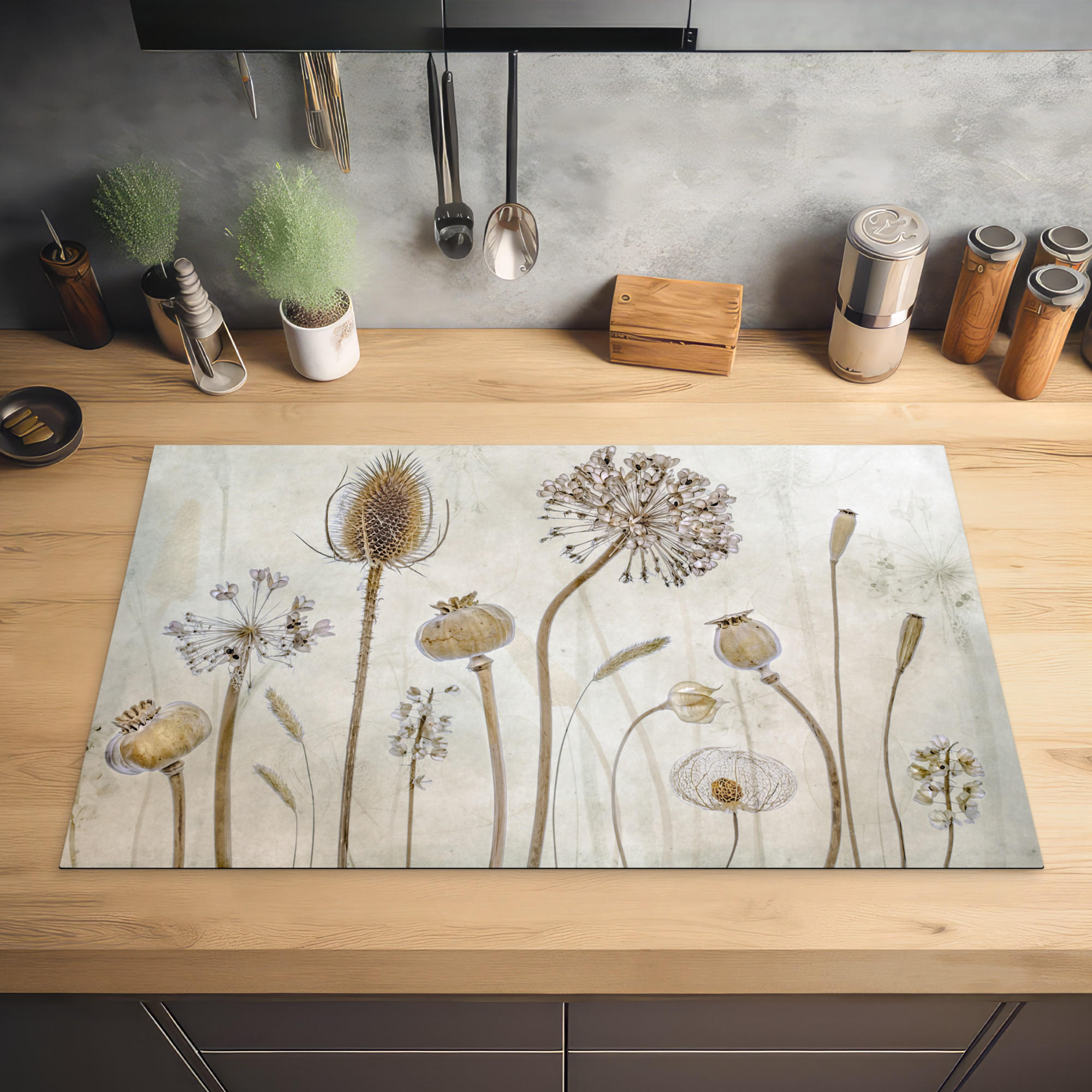 HERDABDECKPLATTE Blumen - Aquarell - Stilleben - Braun - Vintage 83x51 cm - Sandfarben, Kunststoff (83/0.2/51.5cm) - MuchoWow