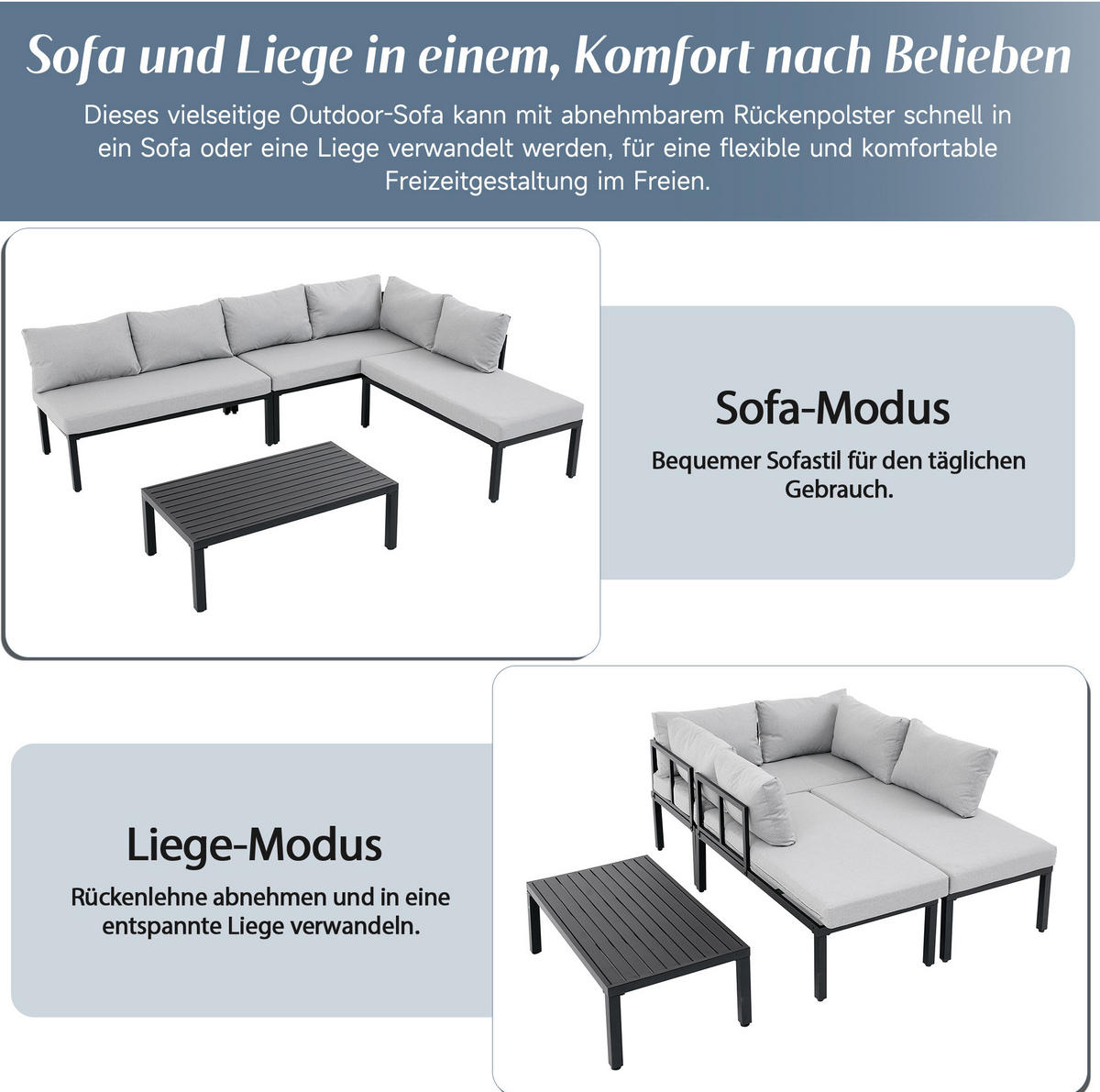 GARTEN-LOUNGE-SET für 6 Personen mit modularem Design, abnehmbaren Rückenlehnen und Couchtisch, Grau - Grau, Metall - Redom