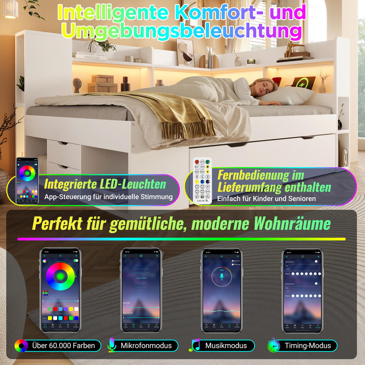 DENNÁ posteľ 140/200 cm biela z MDF a drevotriesky s LED osvetlením úložným priestorom a USB nabíjaním - biela, kompozitné drevo (140/200cm) - OKWISH