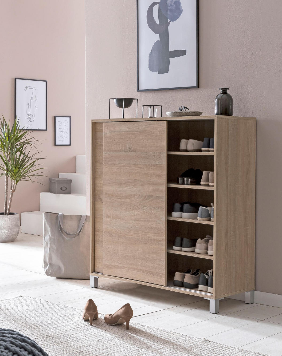 SCHUHSCHRANK Holz für 20 Paar Schuhe mit Schiebetüren, Beige 100x38x108 cm - Beige/Silberfarben, Holz/Kunststoff (100/108/38cm) - KADIMA DESIGN
