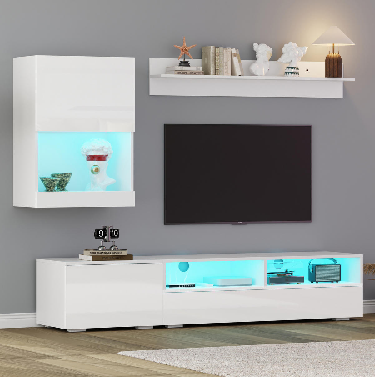 TV-WOHNWAND 3-tlg. 175 cm mit LED Weiß Hochglanz - Weiß, Holzwerkstoff (39/34/175cm) - Beauniv