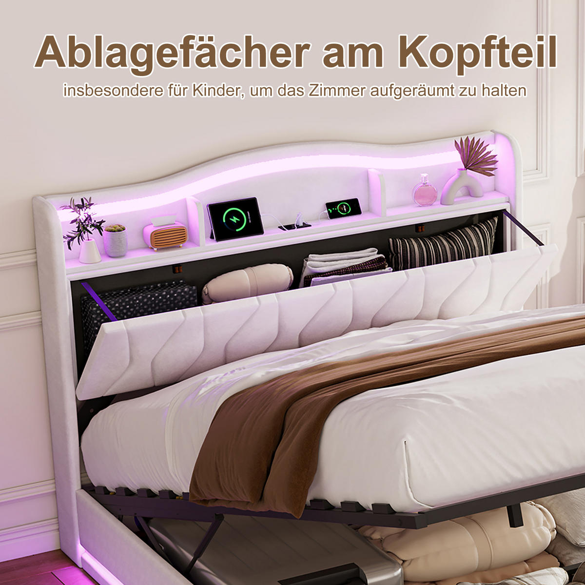POLSTERBETT 140x200 cm mit Stauraum‑Kopfteil, Hydraulik‑Stauraum, LED und USB‑C‑Ladeanschlüsse, Velours‑Stoff, Weiß - Weiß, Holz (140/200cm) - BRILVERDE