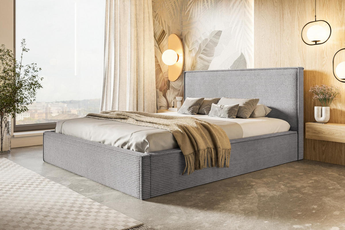 BETT 90x200 - Polsterbett mit Bettkasten und Holzrahmen - Modern Betten - Hochwertiger Poso-Stoff - Kollektion Milano - Grau - Hellgrau, Holz/Textil (90/200cm) - Alpi-Möbel