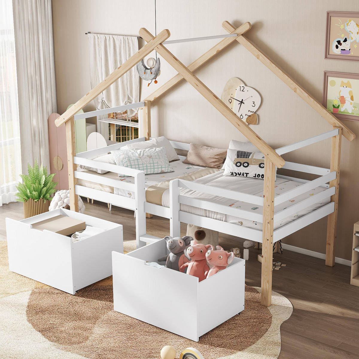 KINDEREINZELBETTEN aus Holz & MDF 90x200 cm in Weiß/Natur mit Treppe & 2 Fächern - Weiß, Holzwerkstoff (90/200cm) - Modfu