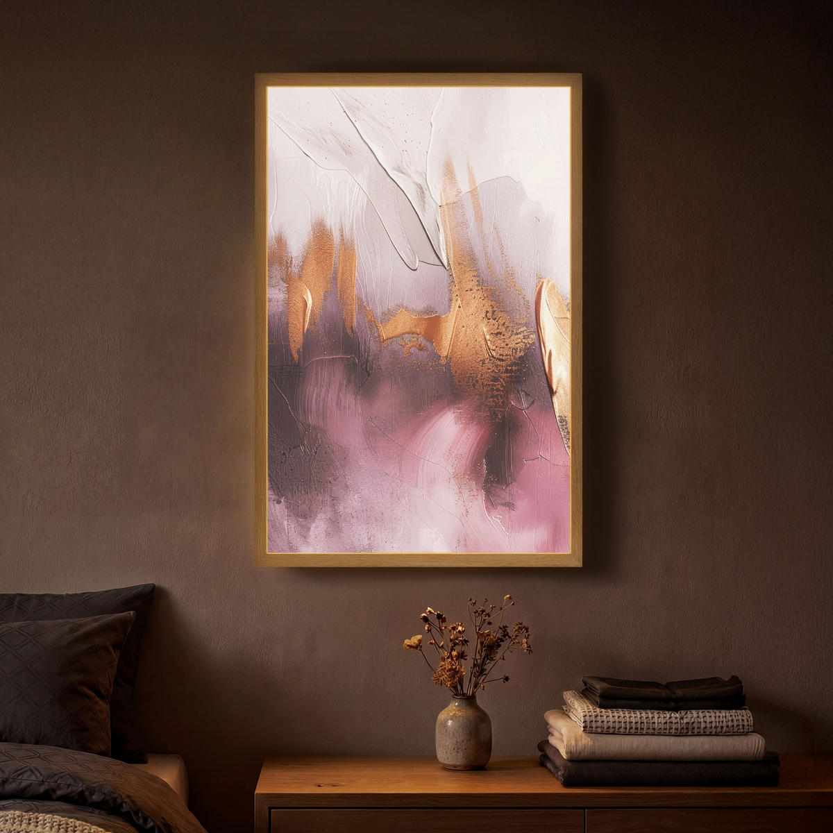 NÁSTĚNNÁ LAMPA S AKUMULÁTOREM Fialová - abstraktní - barva - zlatá 40x60 cm - světle fialová, kompozitní dřevo (40/60/8cm) - OnlyWow
