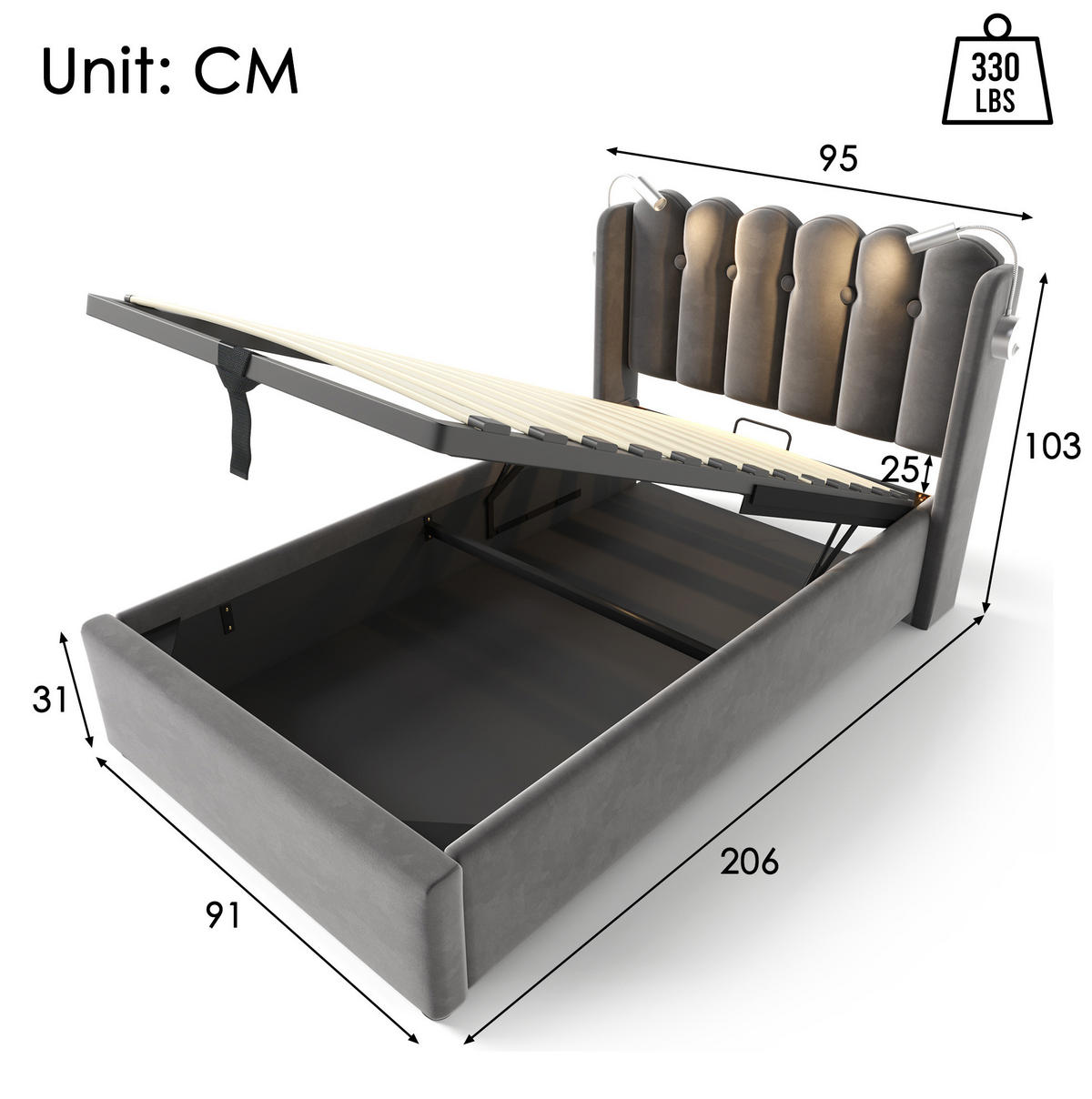 POLSTERBETT 90/200 cm Grau aus Samt mit Bettkasten und USB - Grau, Textil (90/200cm) - OKMYHOME