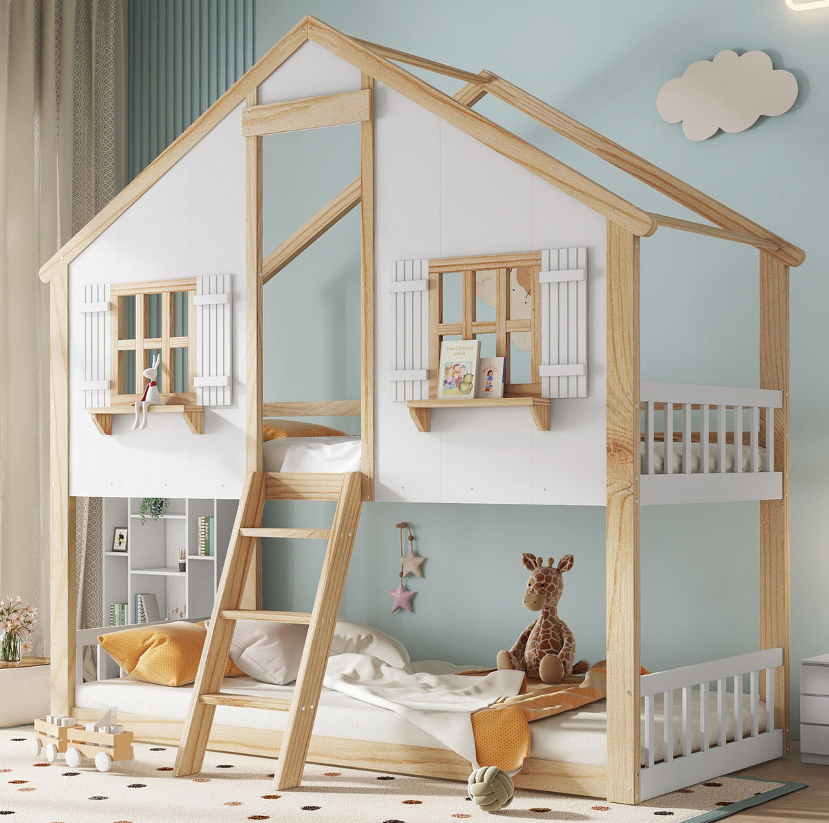 ETAGENBETT mit Fenster und Dach, Weiß/Natur, 90/200 cm, ohne Matratze - Weiß, Holz (90/200cm) - MIVRAY