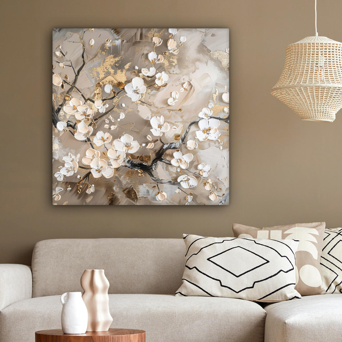 LEINWANDBILD - Blumen - Weiß - Gold - Beige - Luxus - 90x90 - Gemälde - Greige, Textil (90/90cm) - MuchoWow