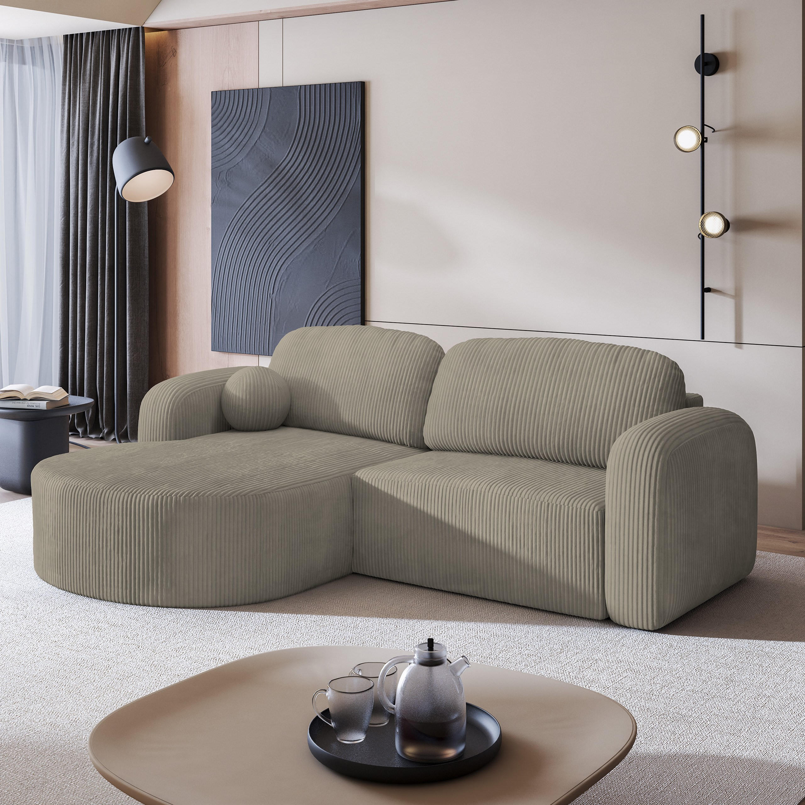 ECKSOFA AMILIA P L-S Beige Kordstoff mit Schlaffunktion - Beige, Holz (263/174cm) - MASSENO