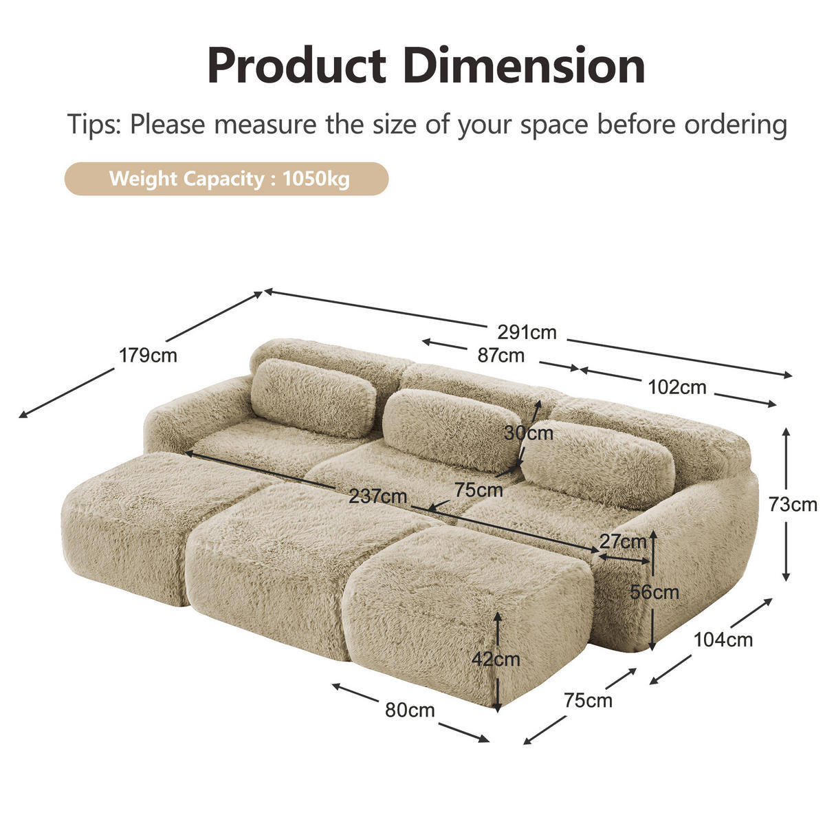 SOFA modular rahmenlos Plüsch Light Khaki - Braun, Kunststoff (179/73/291.1cm) - Meubliv