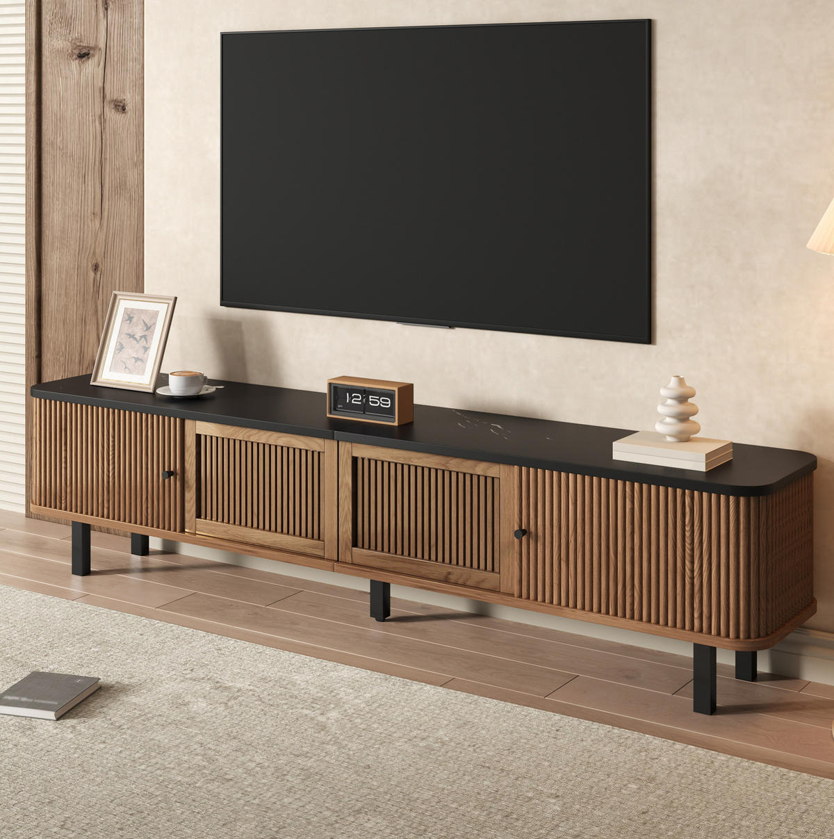 TV-LOWBOARD 190/35/45 cm mit Schiebetüren, Gittereinsatz und viel Stauraum, Eiche - Hellbraun, Holzwerkstoff (190/45/35cm) - Redom