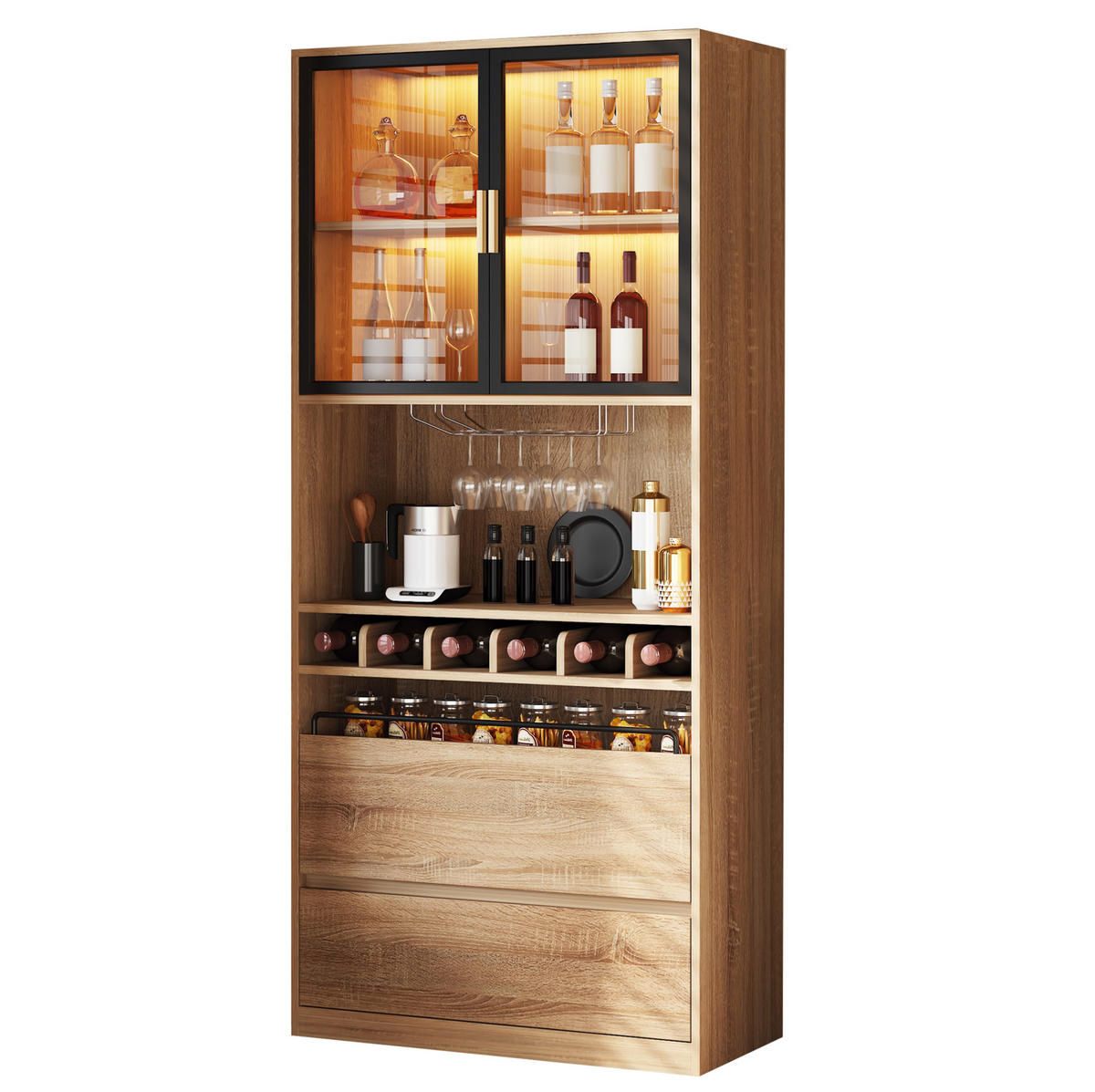 VITRINE 80x40x180 cm Naturfarben mit Glastüren & LED-Lichtleiste - Naturfarben, Holzwerkstoff (80/180/40cm) - Modfu
