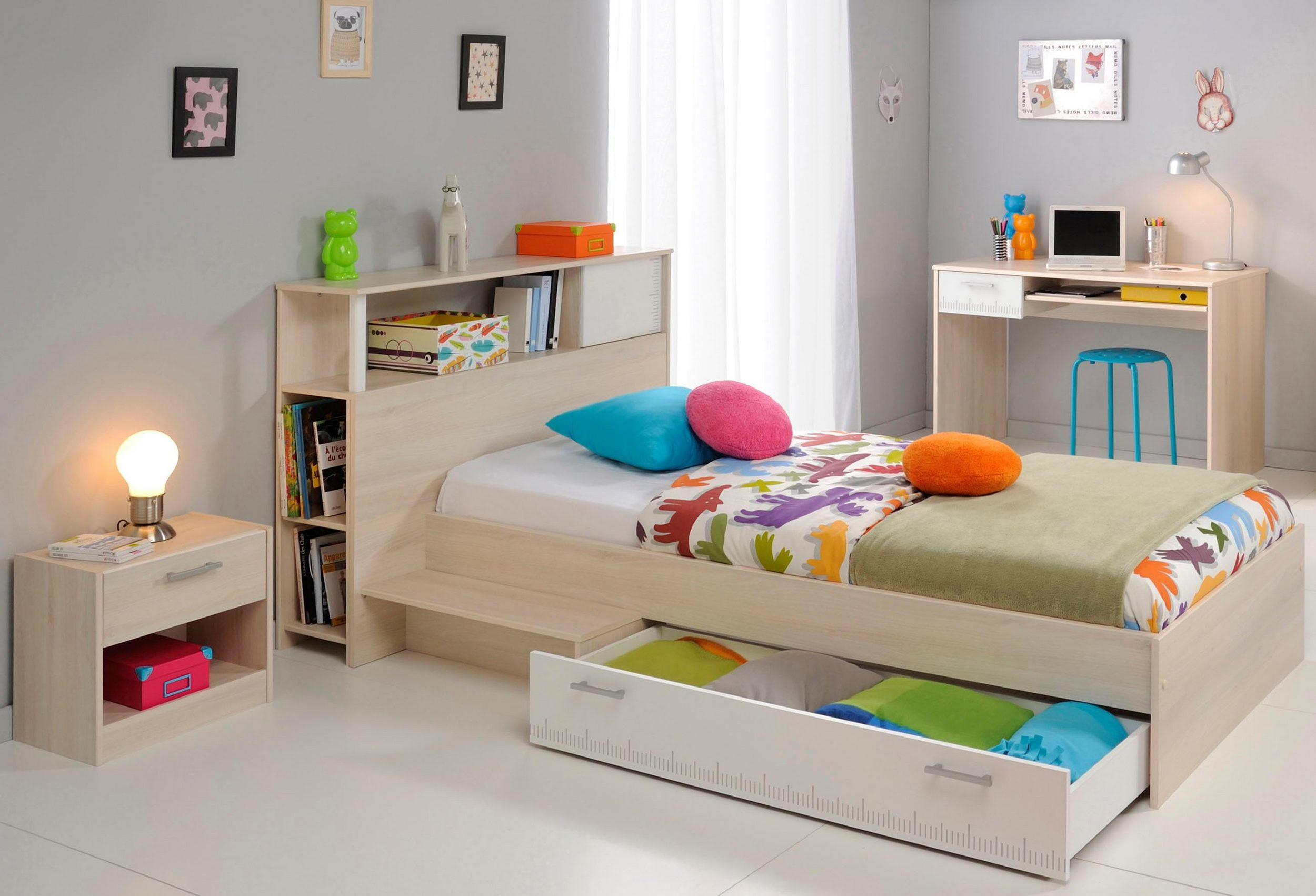 KINDERZIMMER Set 4-tlg Schreibtisch Nachttisch Stauraumbett 90 x 200 cm - Silberfarben/Weiß, Holzwerkstoff/Kunststoff (220/93/123cm) - Parisot Meuble