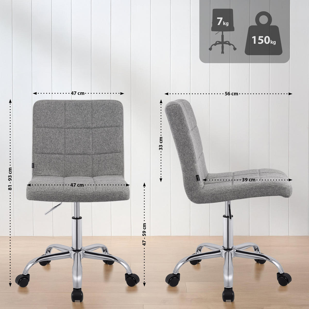 DREHSTUHL Stoff Grau - Chromfarben/Grau, Textil/Metall (47/93/56cm) - CLP