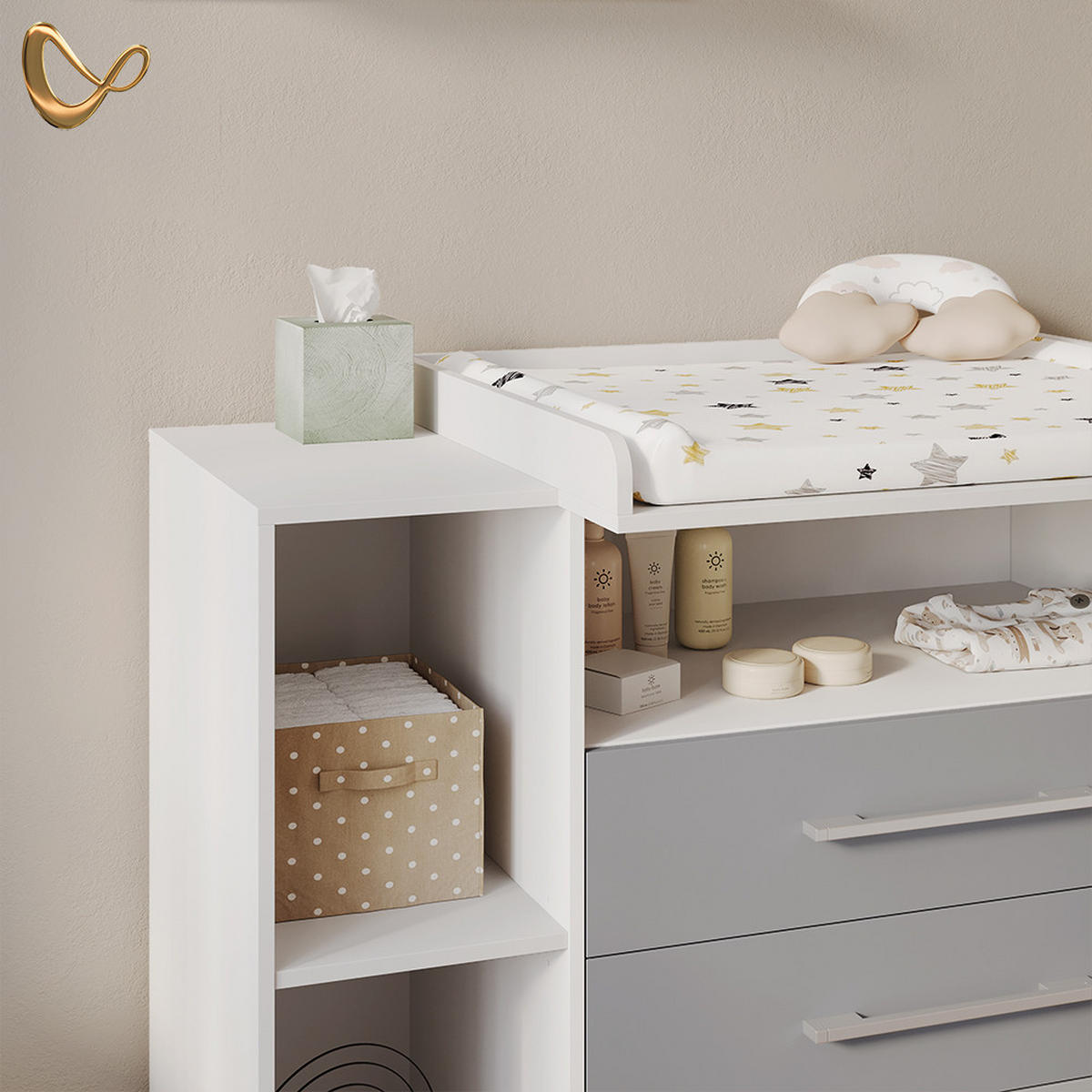WICKELKOMMODE Torino Weiß/Grau XL mit Schubladen - Weiß/Grau, Holzwerkstoff (143/100/70cm) - Livinity®