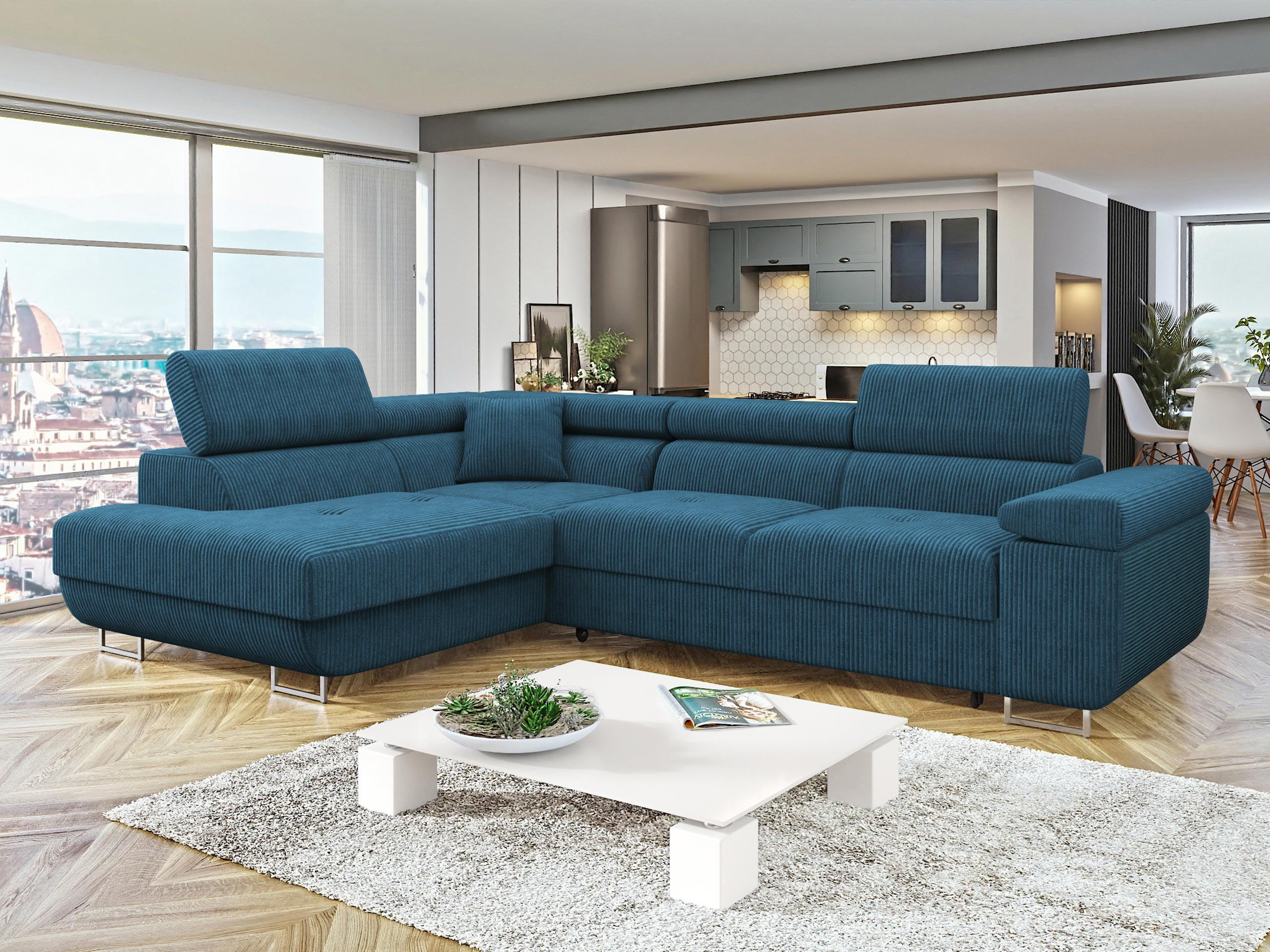 ECKSOFA Torezio Cord, Seite: Links - Blau, Holz/Textil (274/203cm) - MIRJAN24