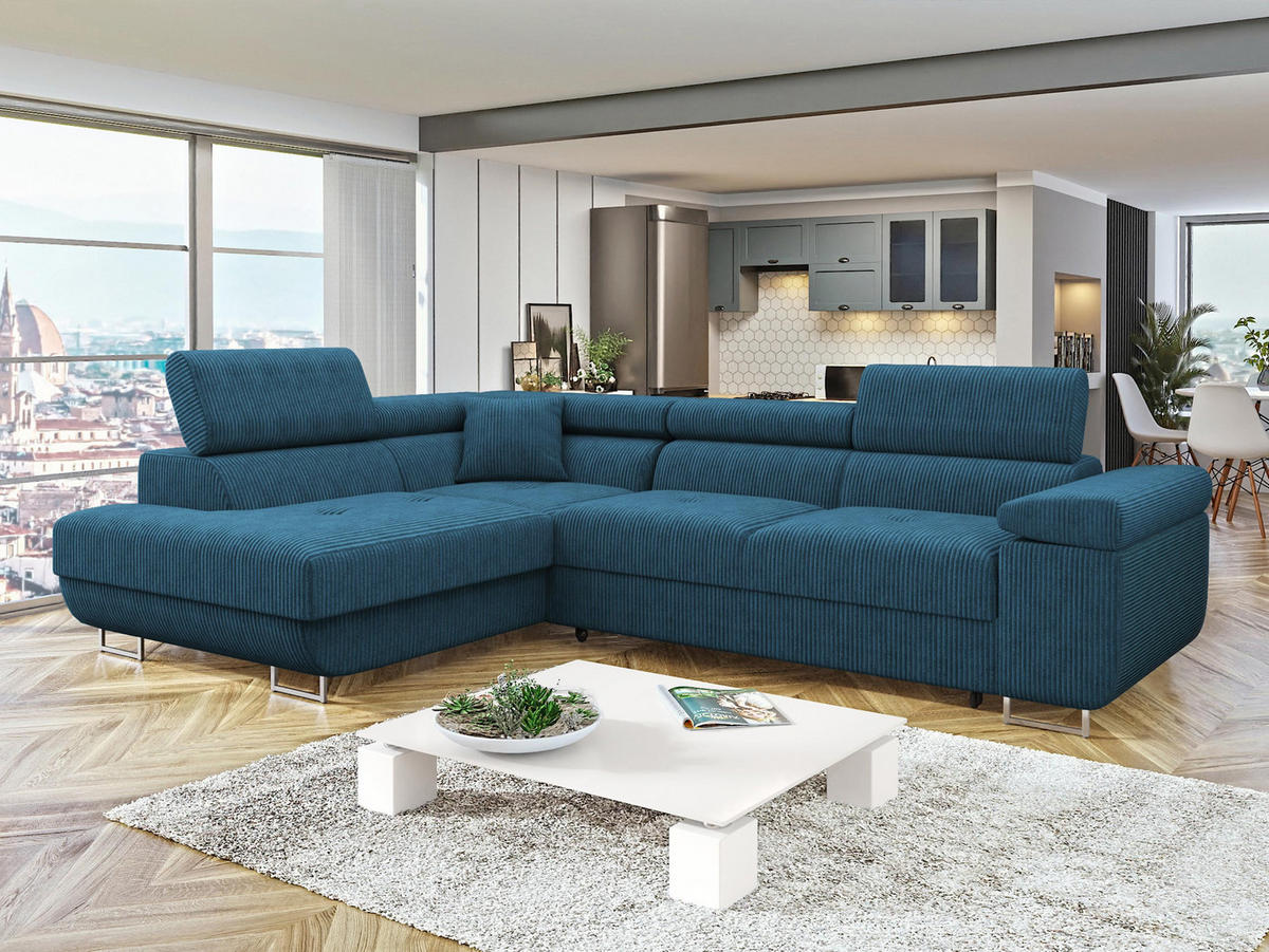 ECKSOFA Torezio Cord, Seite: Links - Blau, Holz/Textil (274/203cm) - MIRJAN24
