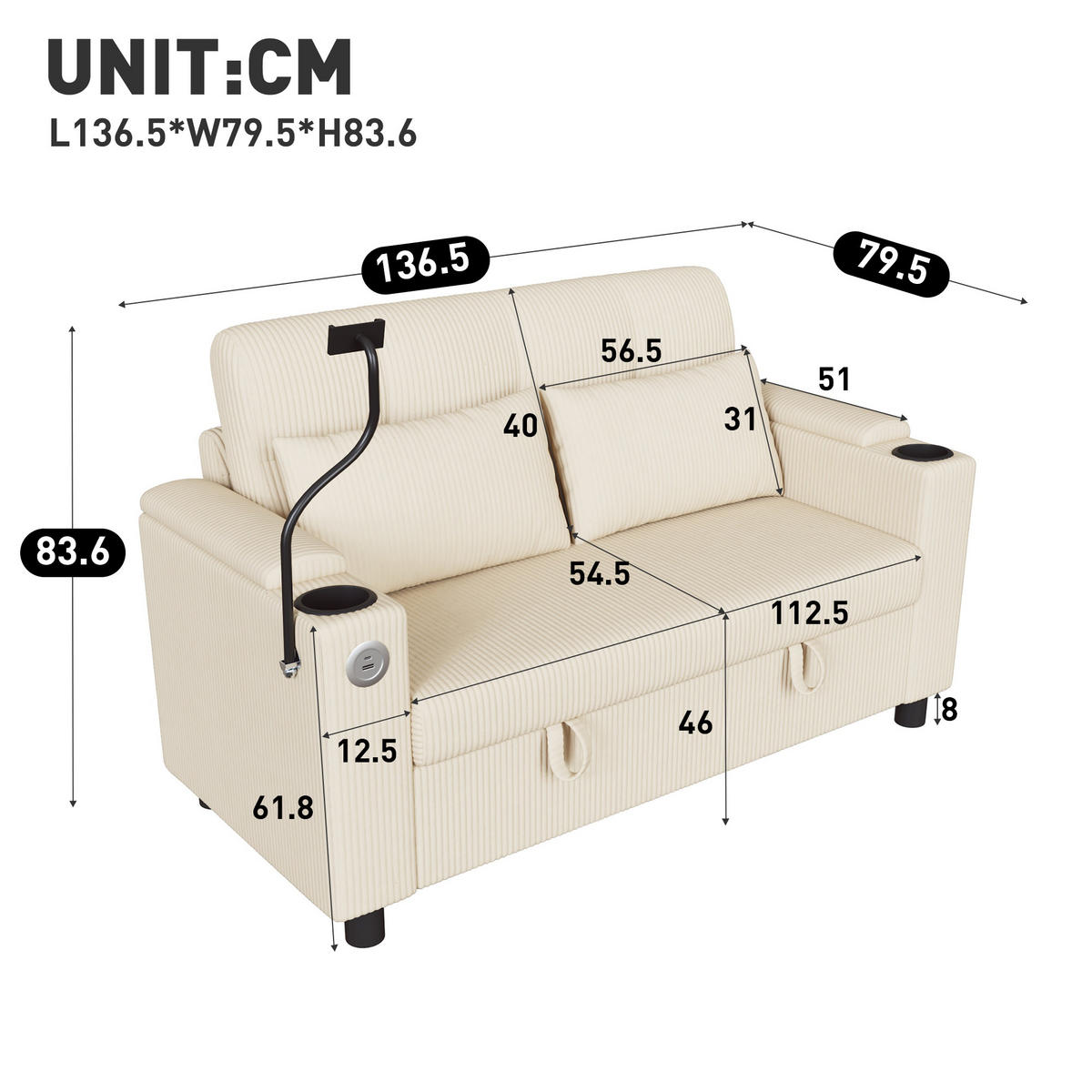 SOFA 2-Sitzer Beige mit Stauraum und Ladeanschlüssen, Cord - Beige/Schwarz, Holzwerkstoff/Textil (136.5/83.6/79.5cm) - CHICFURN