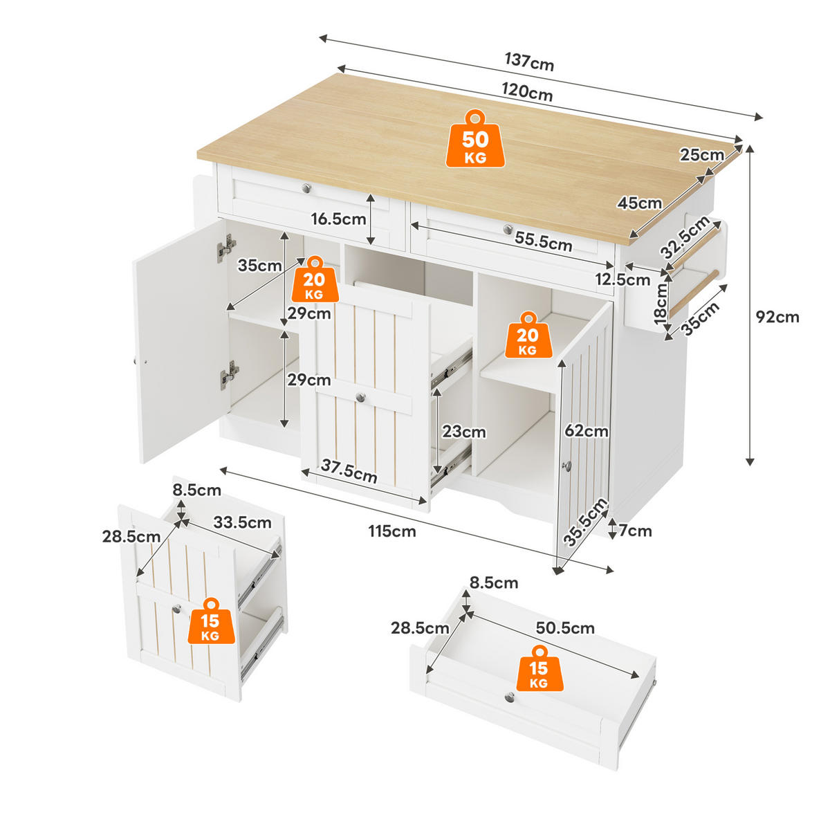 KÜCHENINSEL mit klappbarer Arbeitsplatte 120 x 70 (45+25) x 92 cm Natural White - Naturfarben, Holz (70/92/120cm) - Beauniv