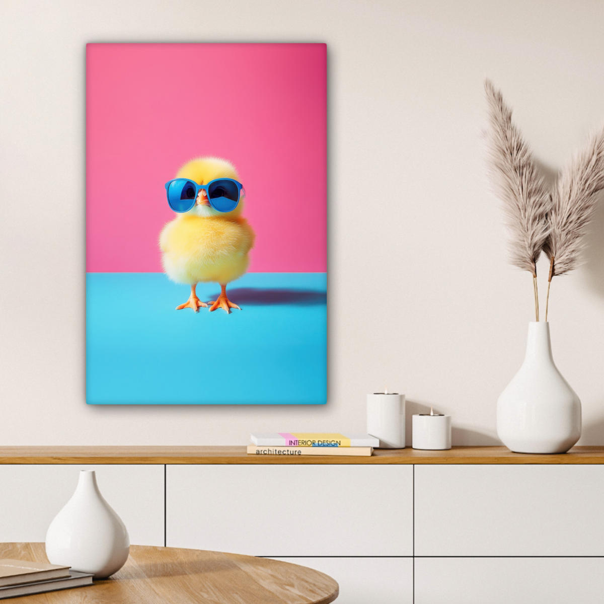 LEINWANDBILD Chick - Sonnenbrille - Blau Wanddeko 40x60 cm - Pink/Gelb, Textil (40/60cm) - MuchoWow