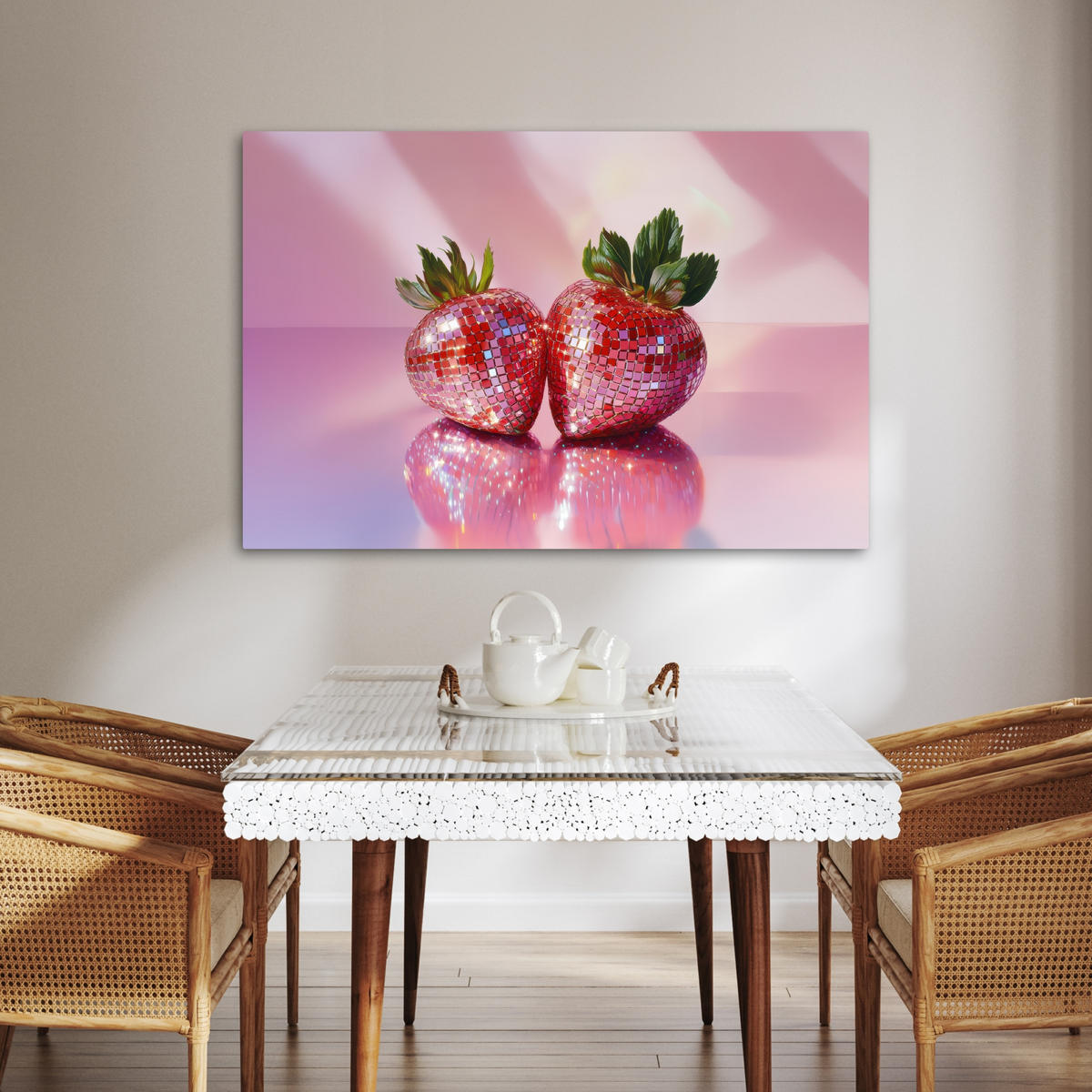 LEINWANDBILD Disco - Obst - Glitzer - Erdbeere Wohnzimmer 120x80 cm - Pink, Textil (120/80cm) - MuchoWow