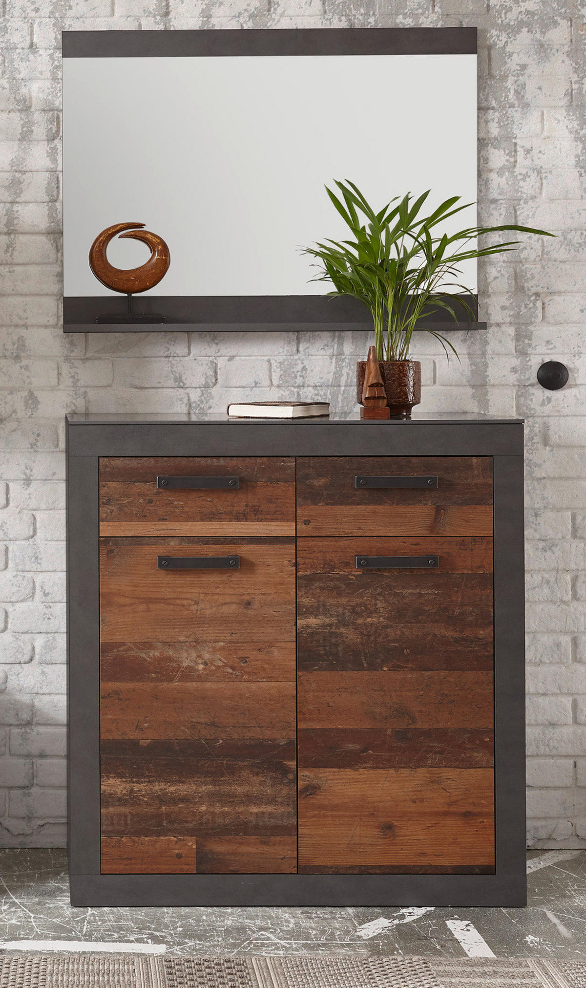 KOMMODE Used Wood, Matera grau 92 cm, Schuhschrank im Shabby-Design - Schwarz/Naturfarben, Holzwerkstoff/Metall (92/104/42cm) - Furn.Design