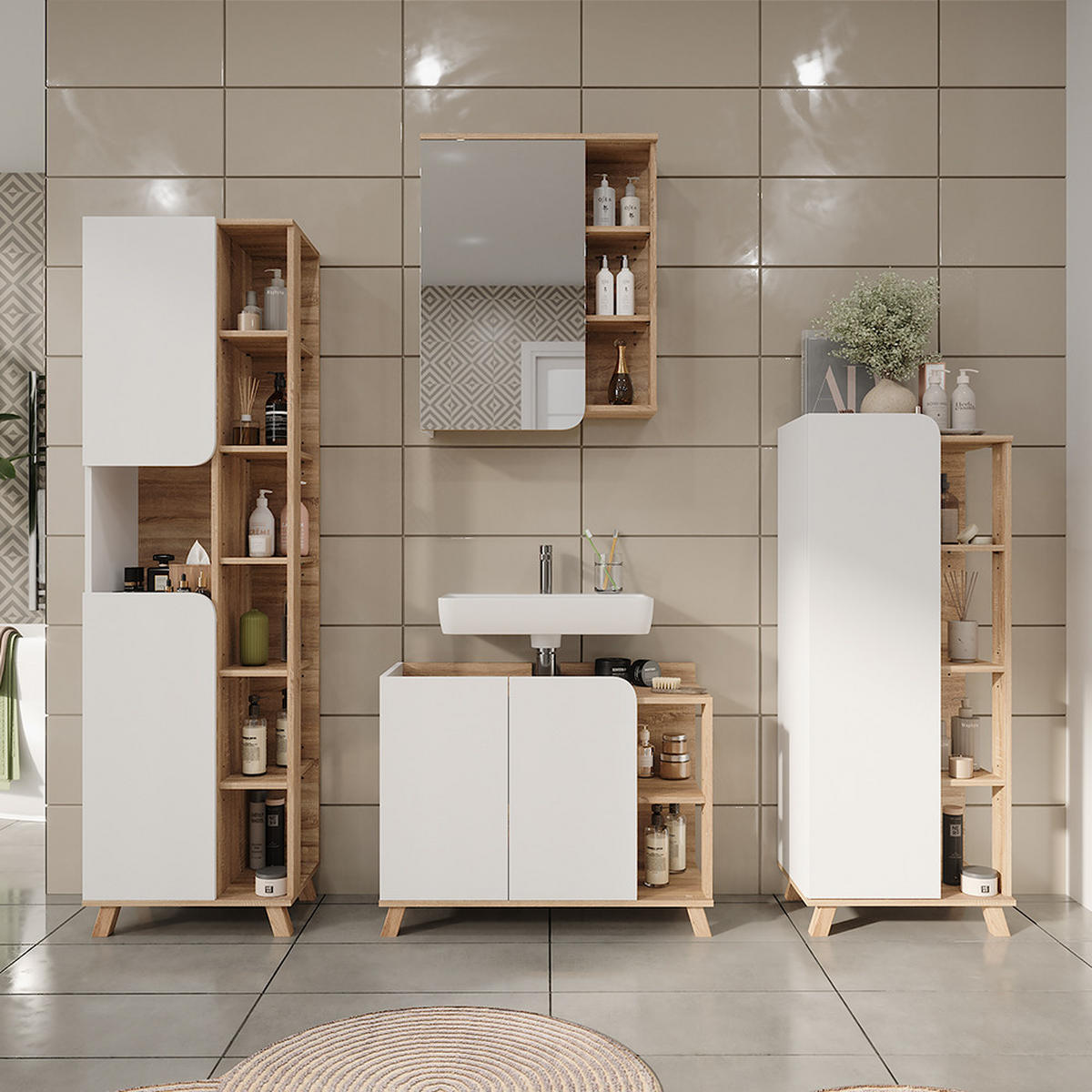 BADSCHRANK Karen Sonoma/Weiß 50 x 175 cm mit 2 Türen - Weiß/Sonoma Eiche, Holzwerkstoff (50/175/35cm) - Vicco