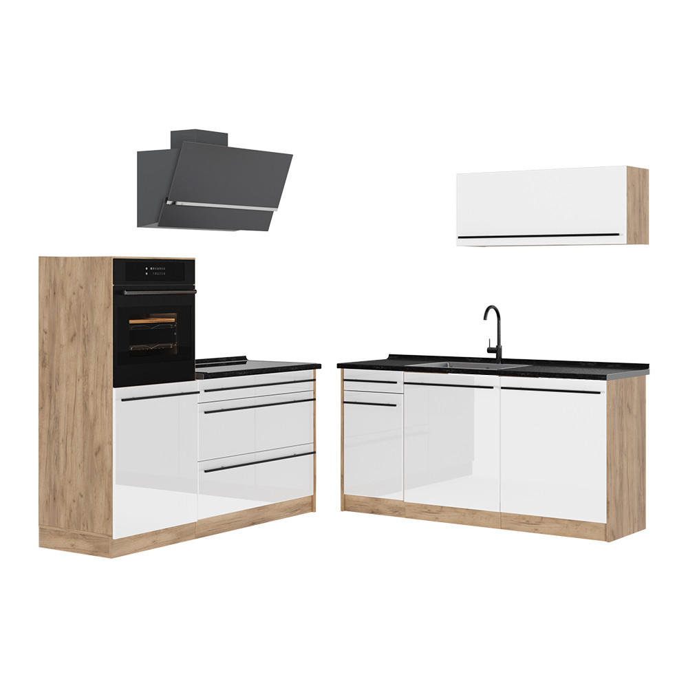 KÜCHENZEILE R-Line, Weiß Hochglanz/Goldkraft Eiche, 160 cm Arbeitsplatte Anthrazit - Honigeiche/Weiß Hochglanz, Holzwerkstoff (160/143/60cm) - Vicco