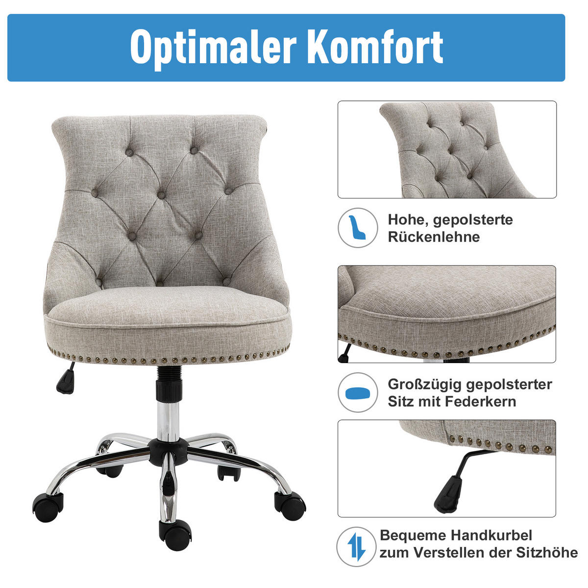 DREHSTUHL mit Rollen, Leinen, Hellgrau - Grau, Textil (65.5/91/54cm) - HOMCOM