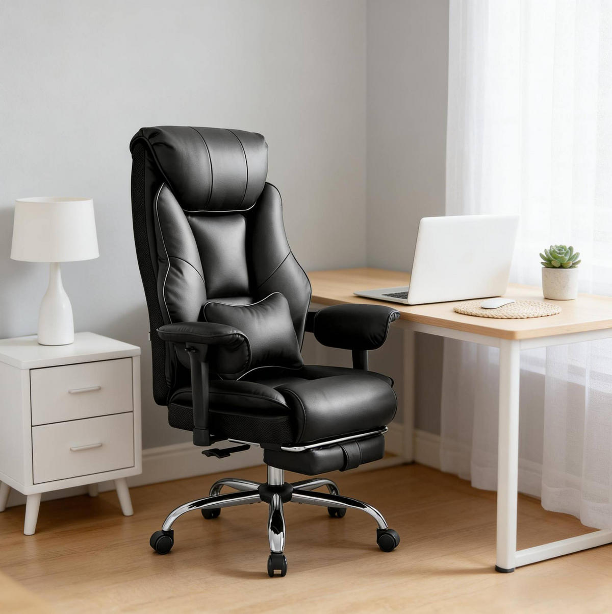 BÜROSTUHL ergonomisch höhenverstellbar Schwarz mit Fußlehne - Schwarz, Metall (77/125.5/35.5cm) - Meubliv