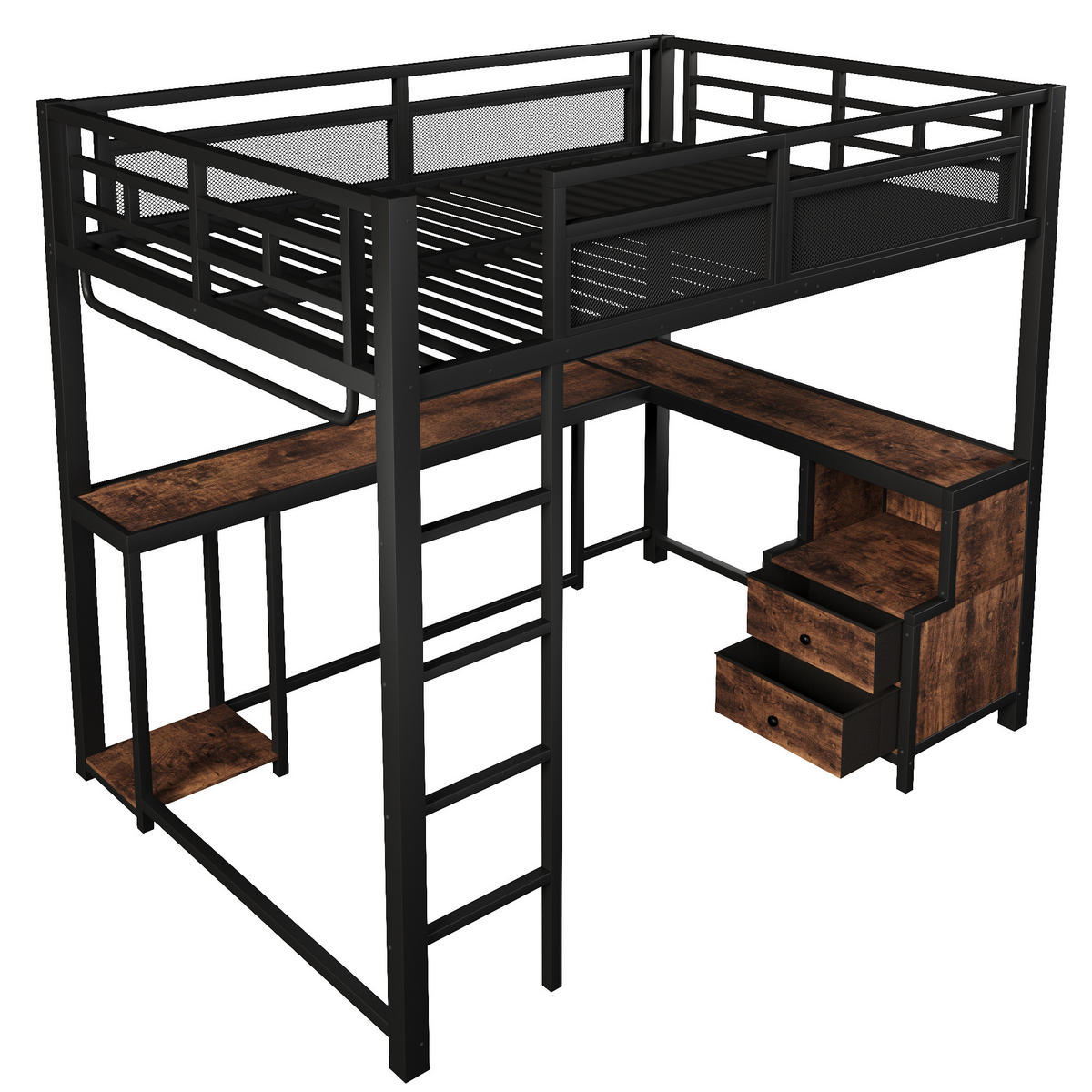 HOCHBETT 140/200 cm in Schwarz mit LED, USB, Schreibtisch und Ablagen - Schwarz, Holz/Metall (140/200cm) - CHICFURN