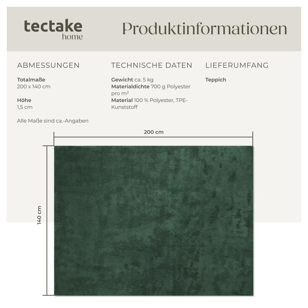 KURZFLORTEPPICH Soft Zone,rutschfeste Unterseite,grün - Grün, Kunststoff (200/140cm) - tectake