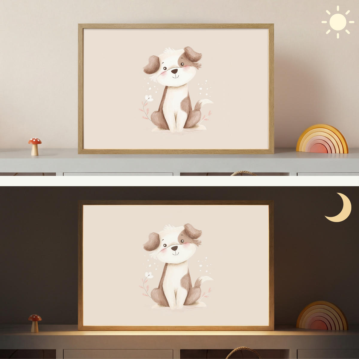 NÁSTĚNNÁ LAMPA S AKUMULÁTOREM Pes - skvrnitý - hnědý 60x40 cm - béžová, kompozitní dřevo (60/40/8cm) - OnlyWow