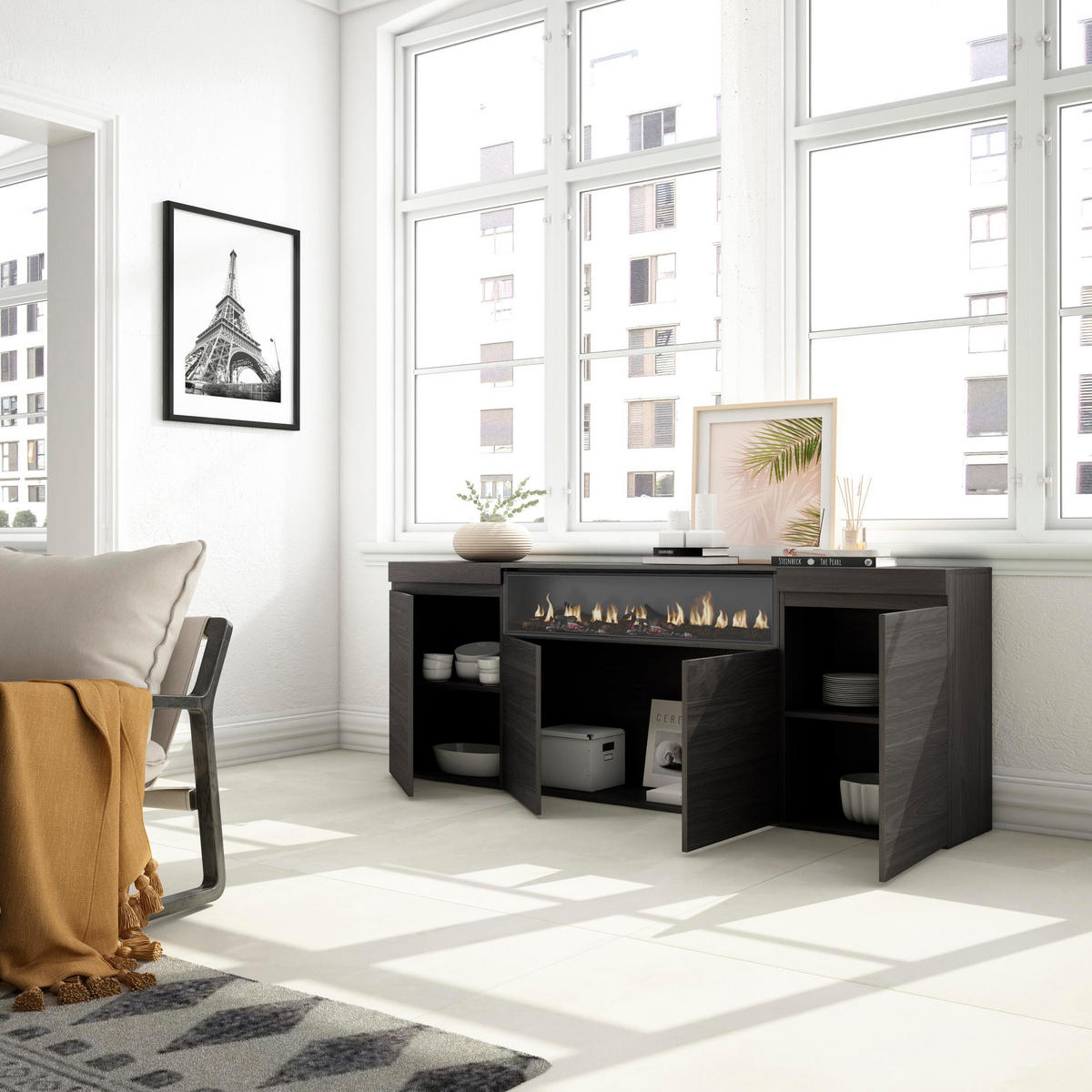SIDEBOARD, Elektrokamin, Schwarz - Schwarz, Holzwerkstoff (203/75/35cm) - Skraut Home