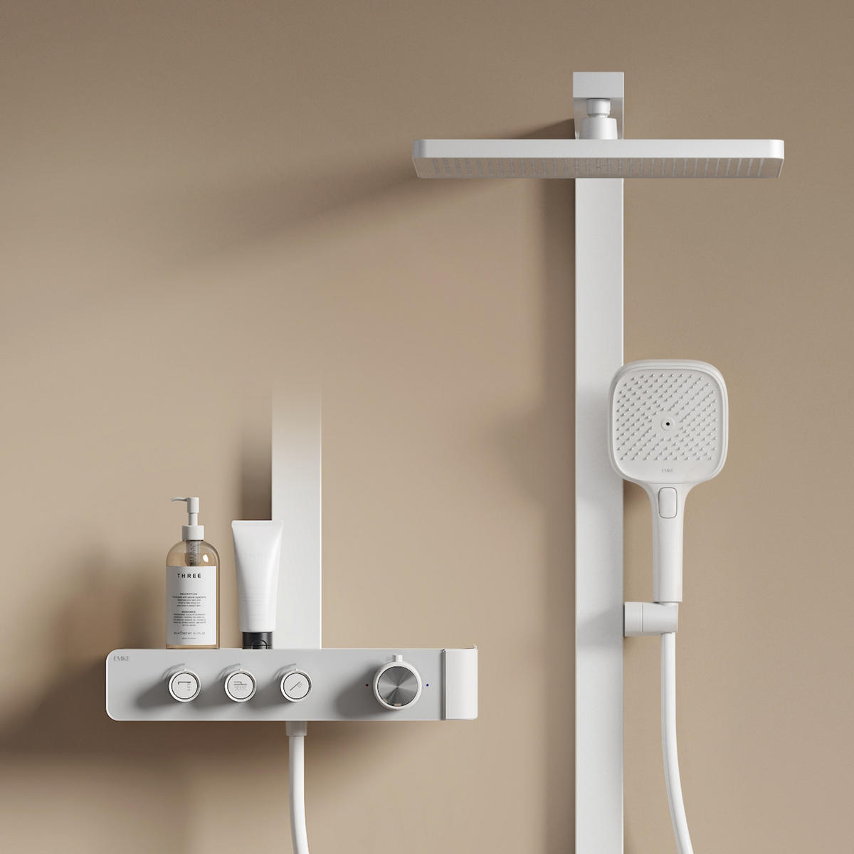ÜBERKOPFBRAUSESET mit Dreiwege-Konstanttemperaturmischer Weiß Matt - Weiß, Metall (36/112/48.5cm) - EMKE