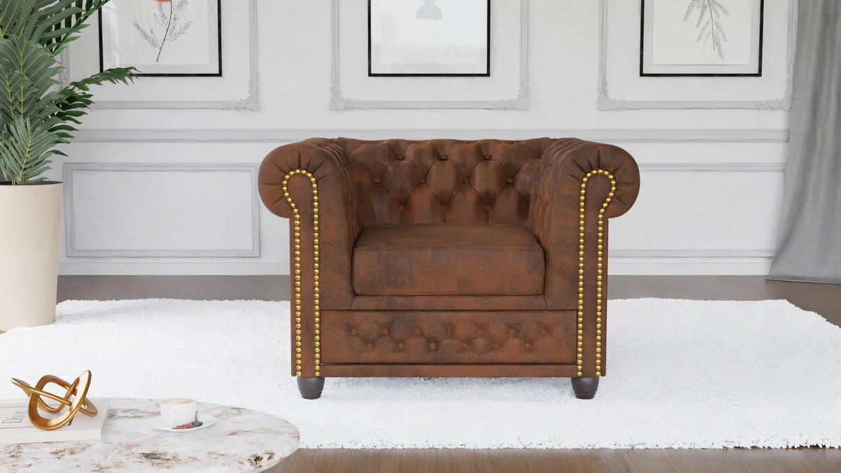 SITZGARNITUR 3+2+1 Chesterfield Flux Braun Microfaser Vintageoptik - Braun, Holz/Textil (203/72/86cm) - S-Style Möbel