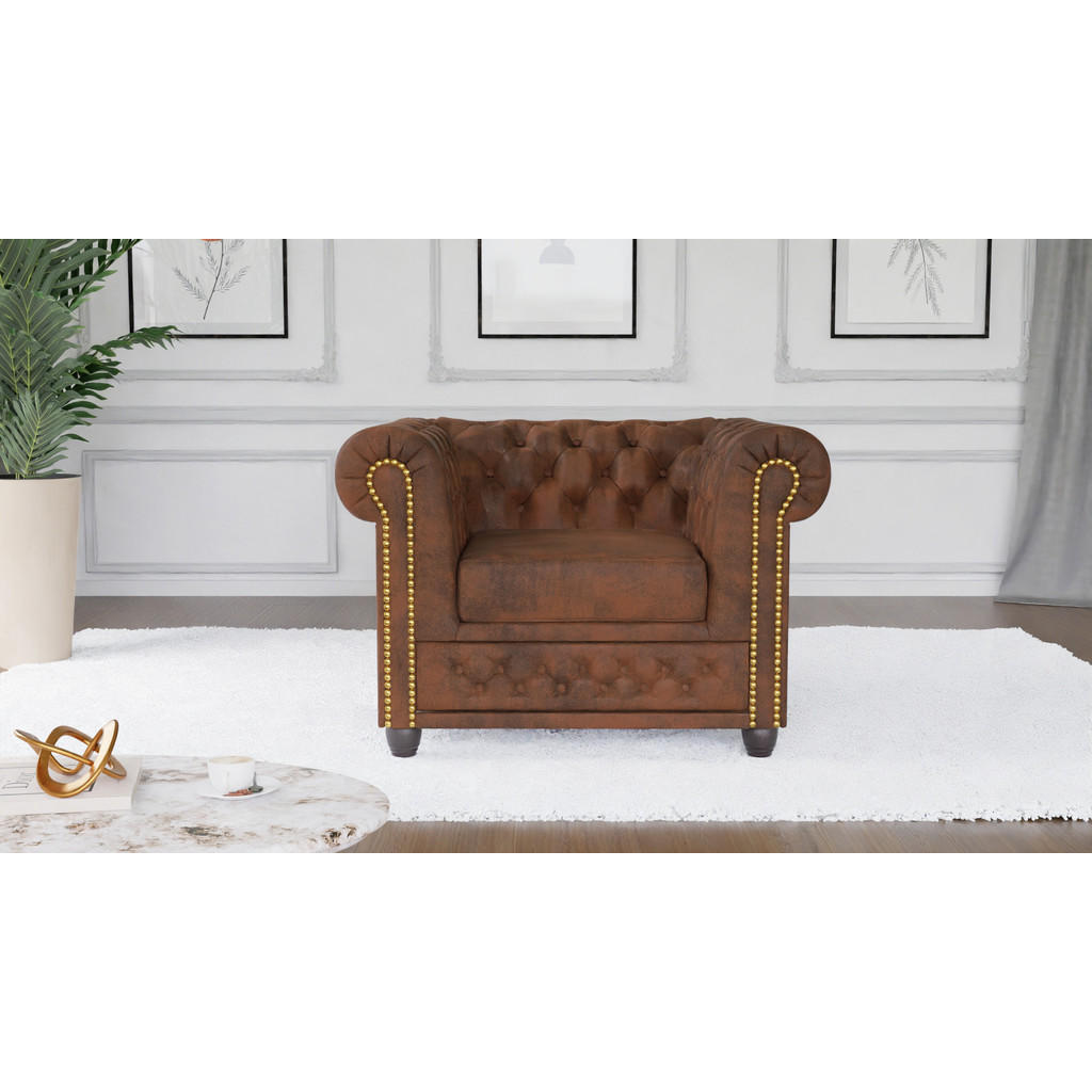 Thumbnail - S-Style Möbel Chesterfield-Sessel, Braun, Textil, Echtholz,Birke, 1-Sitzer, Füllung: Polyetherschaumkern,Silikon,Komfort...